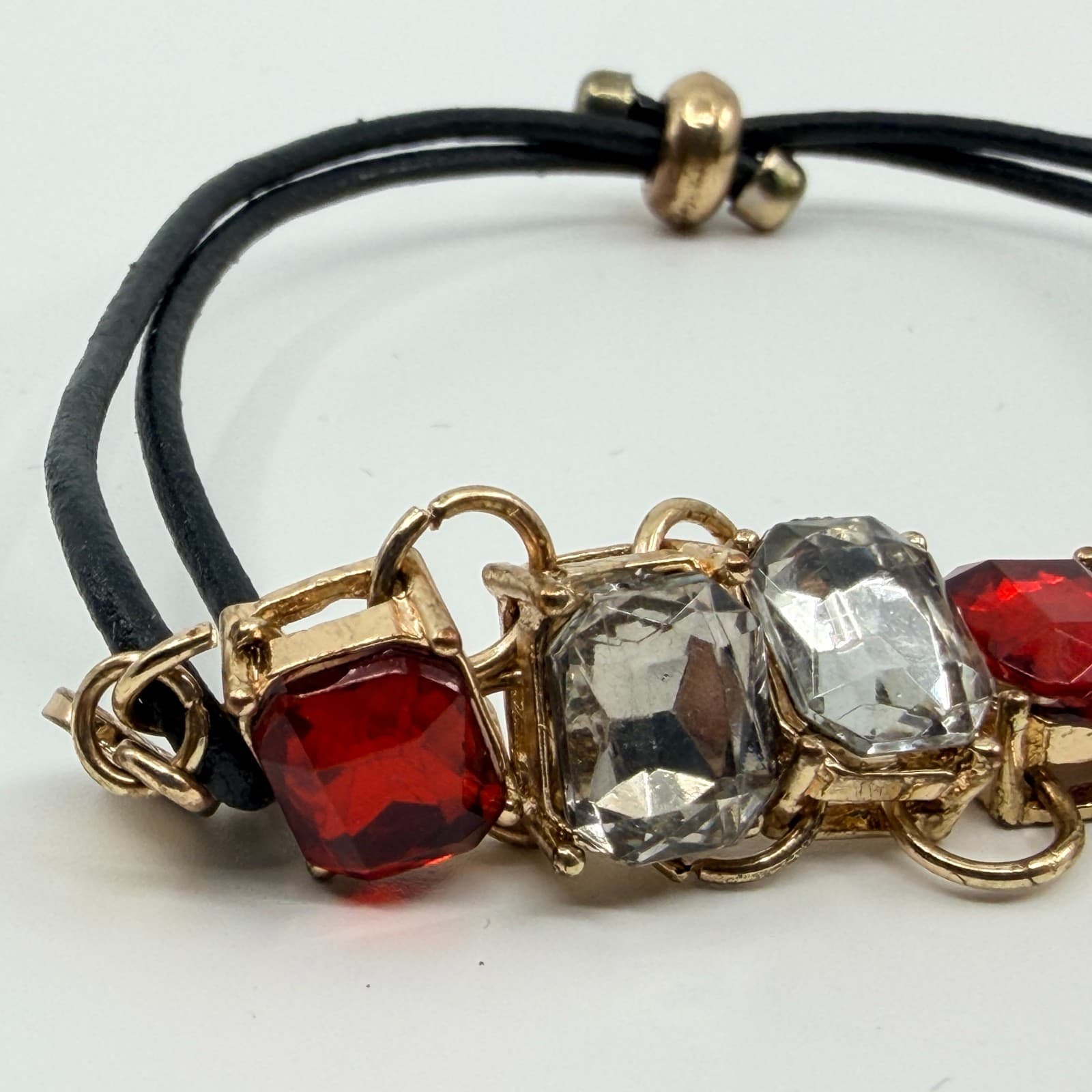 Vintage Gold Tone Red Clear Rhinestone Slider Bracelet Black Cord Statement Boho - Thumbnail 7