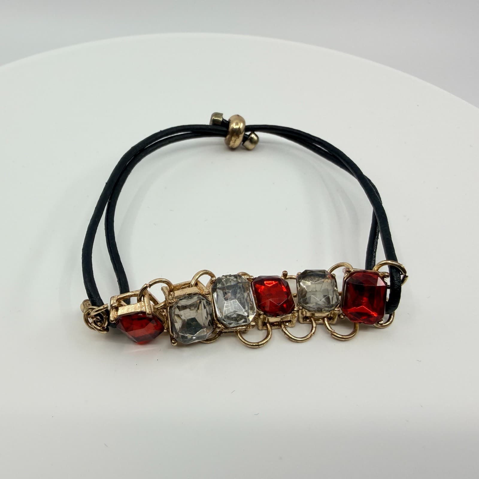 Vintage Gold Tone Red Clear Rhinestone Slider Bracelet Black Cord Statement Boho - Thumbnail 3