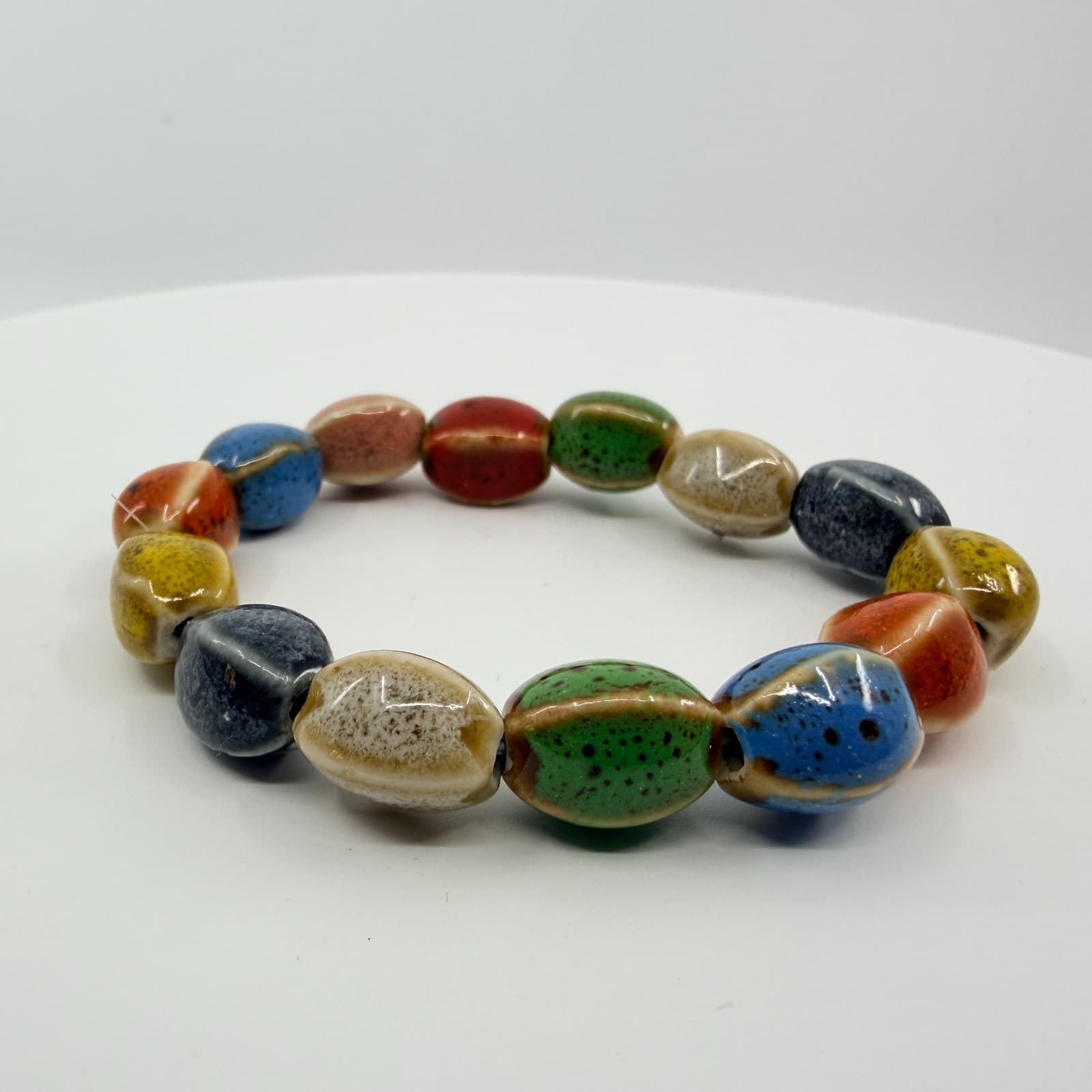 Vintage Multicolor Glazed Ceramic Bead Stretch Bracelet Speckled Boho Retro 90s - Thumbnail 2
