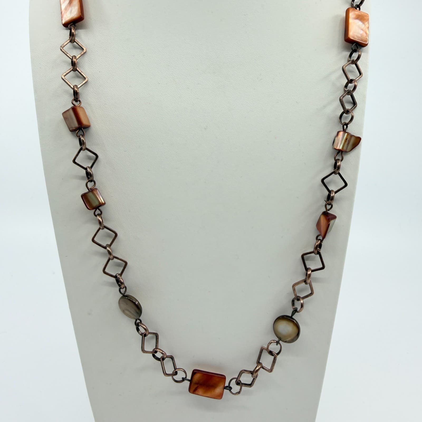 Vintage Copper Tone Chain Necklace Long Geometric Faux Shell Brown Boho Retro - Thumbnail 2