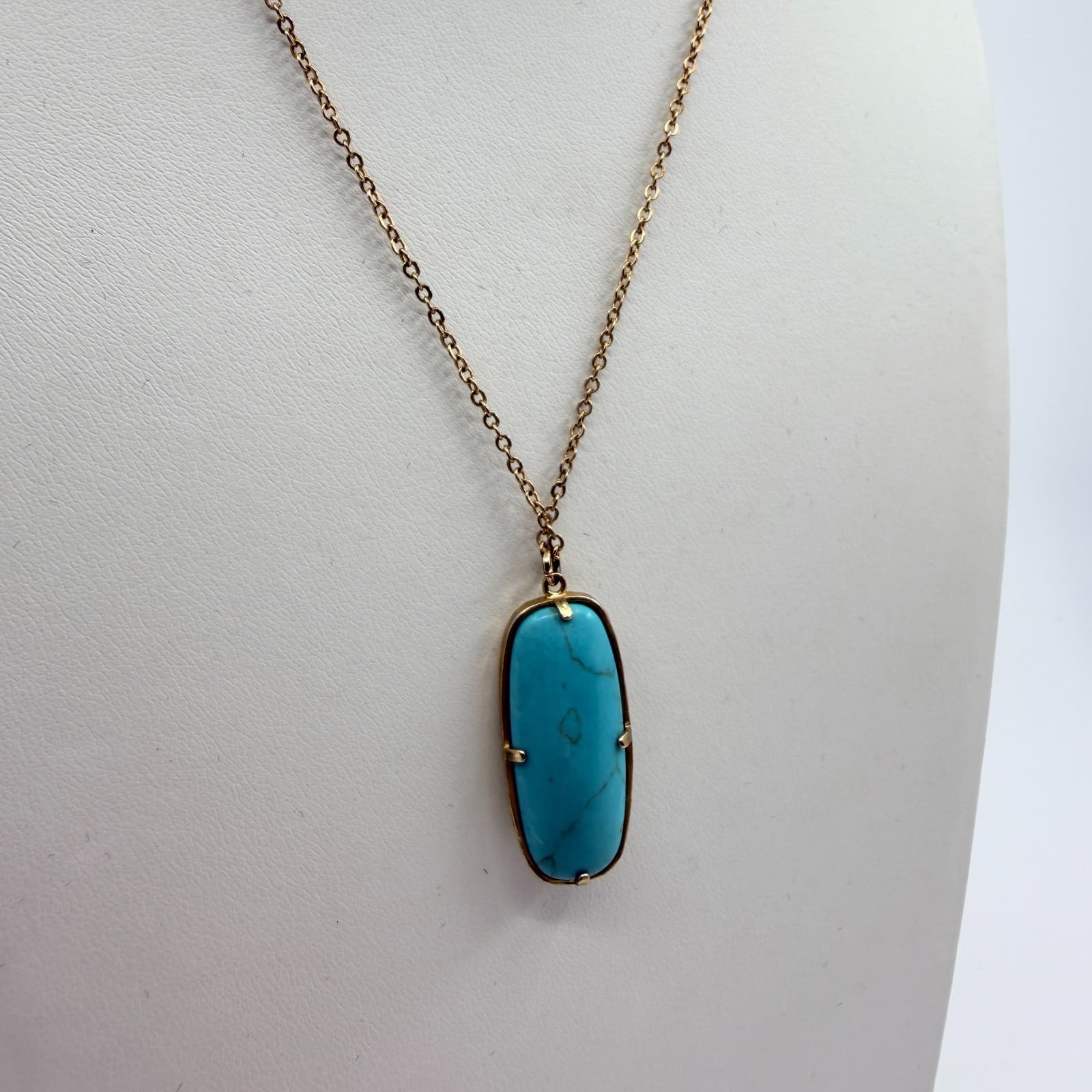 Vintage Gold Tone Long Pendant Necklace Gold Tone Turquoise Magnesite Statement - Thumbnail 5