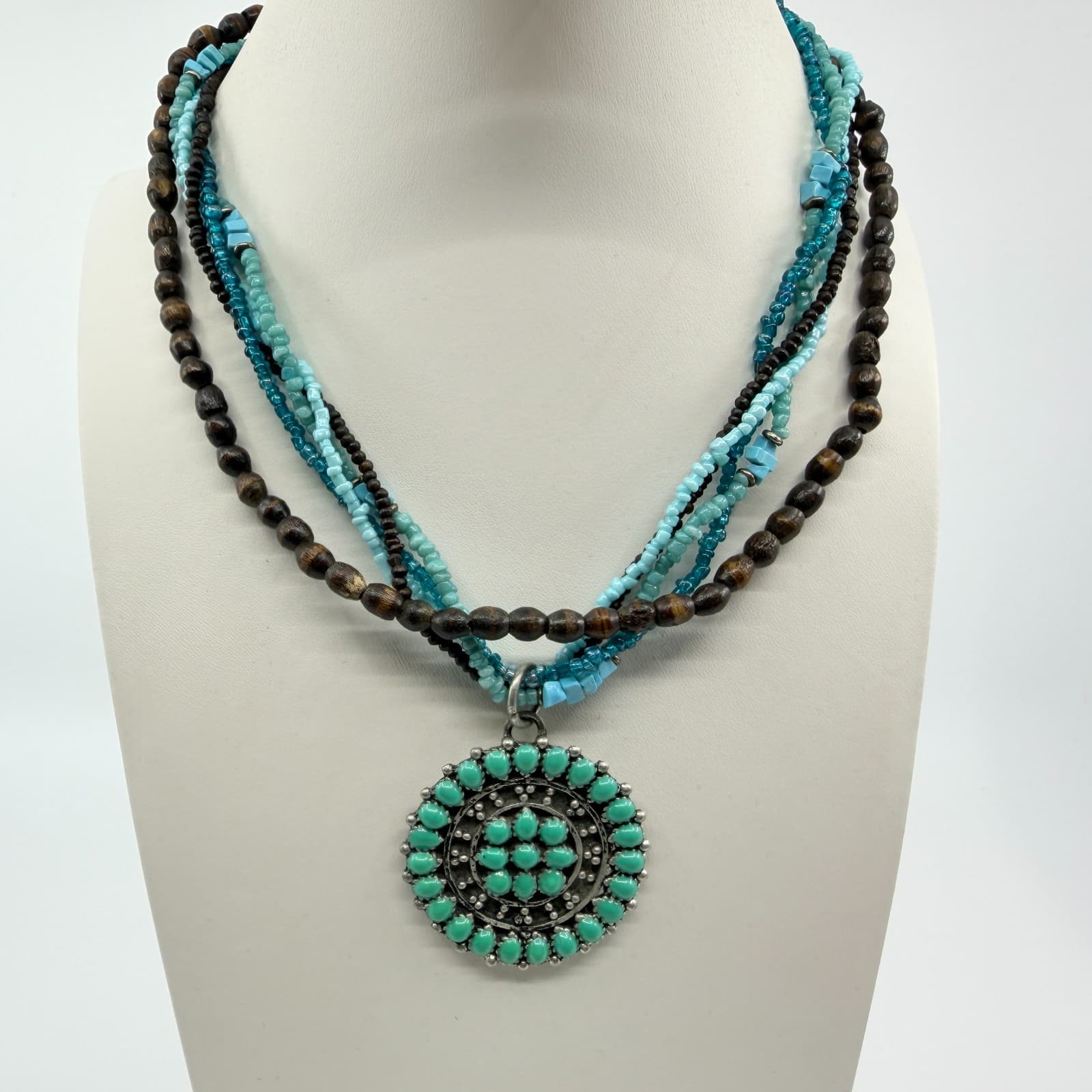 Vintage Southwestern Multi Strand Necklace Turquoise Tone Wood Seed Bead Concho - Thumbnail 5