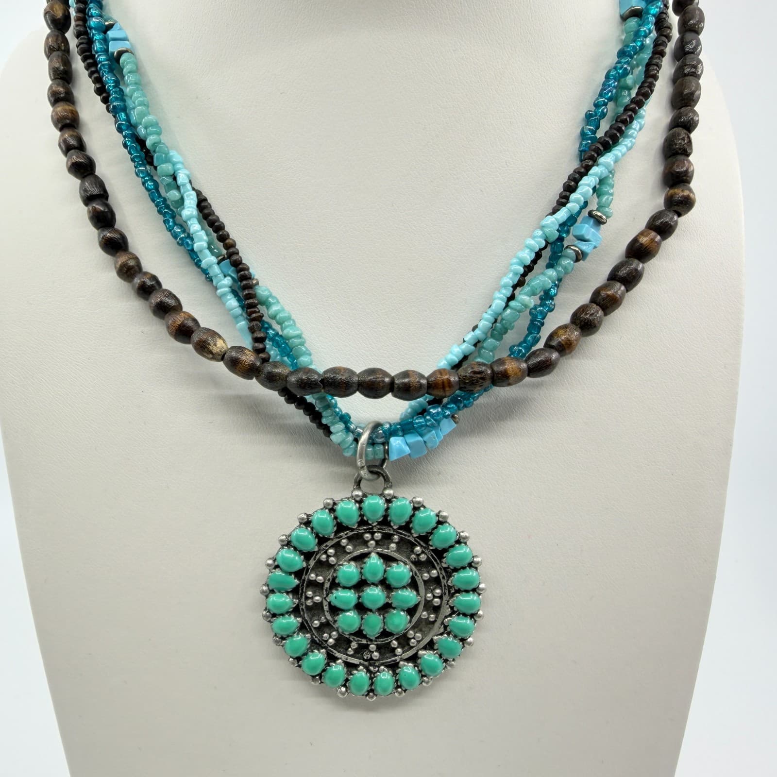 Vintage Southwestern Multi Strand Necklace Turquoise Tone Wood Seed Bead Concho - Thumbnail 4