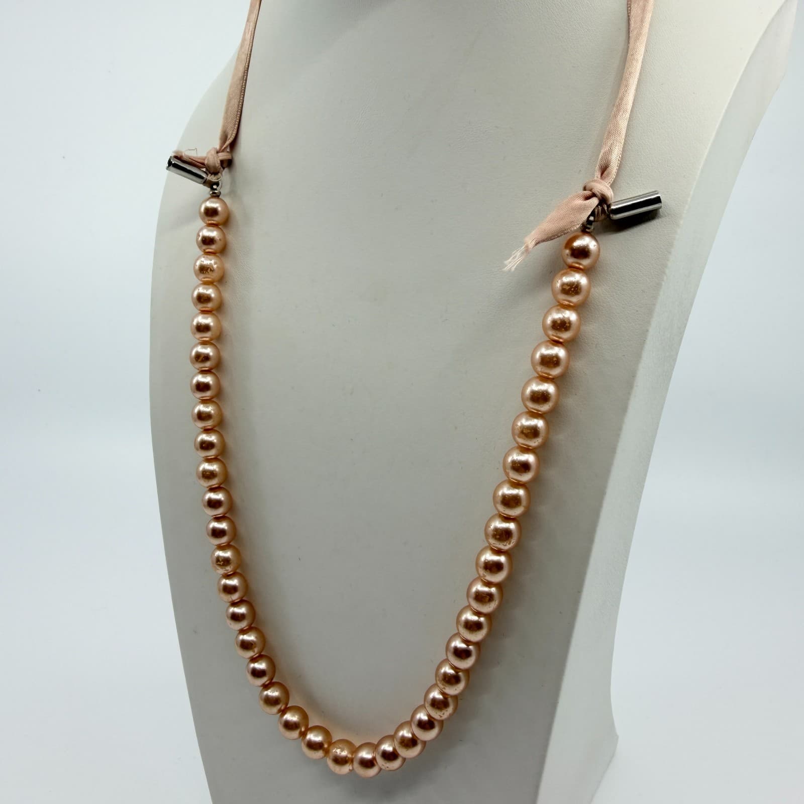 Vintage Rose Gold Tone Faux Pearl Necklace Ribbon Tie Minimalist Simple Pink 90s - Thumbnail 6