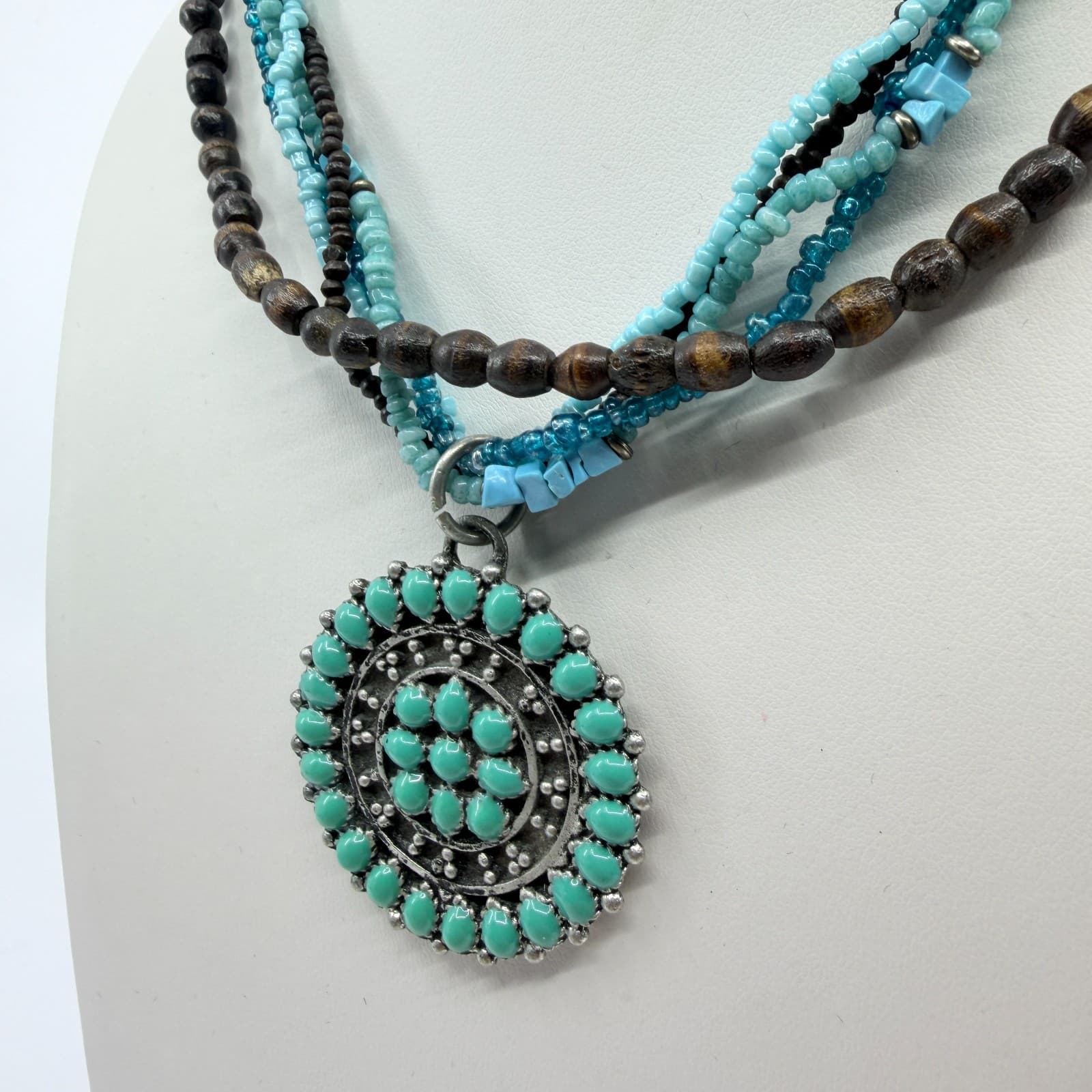 Vintage Southwestern Multi Strand Necklace Turquoise Tone Wood Seed Bead Concho - Thumbnail 7