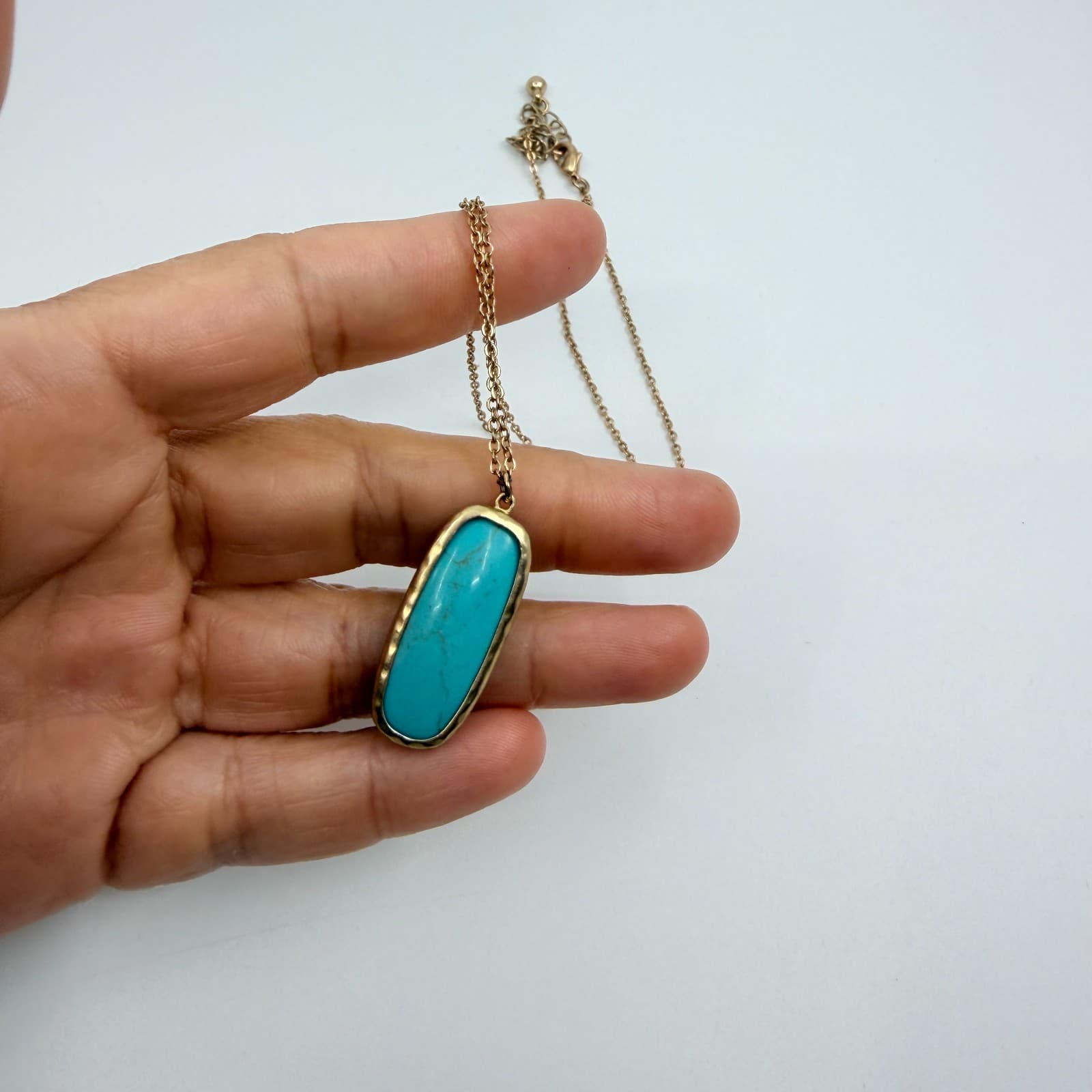 Vintage Gold Tone Long Pendant Necklace Gold Tone Turquoise Magnesite Statement - Thumbnail 9