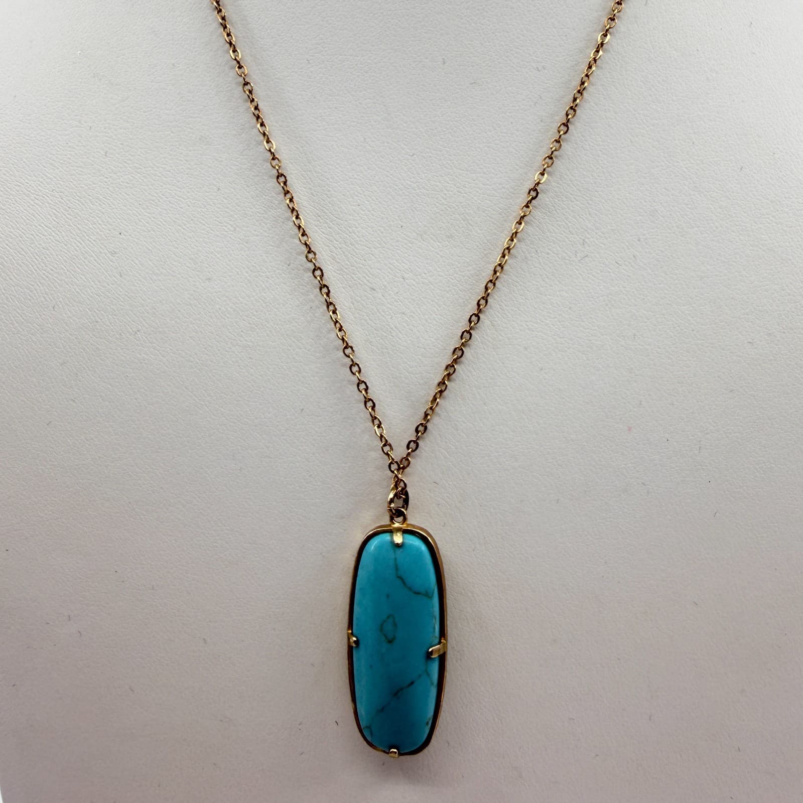 Vintage Gold Tone Long Pendant Necklace Gold Tone Turquoise Magnesite Statement - Thumbnail 2