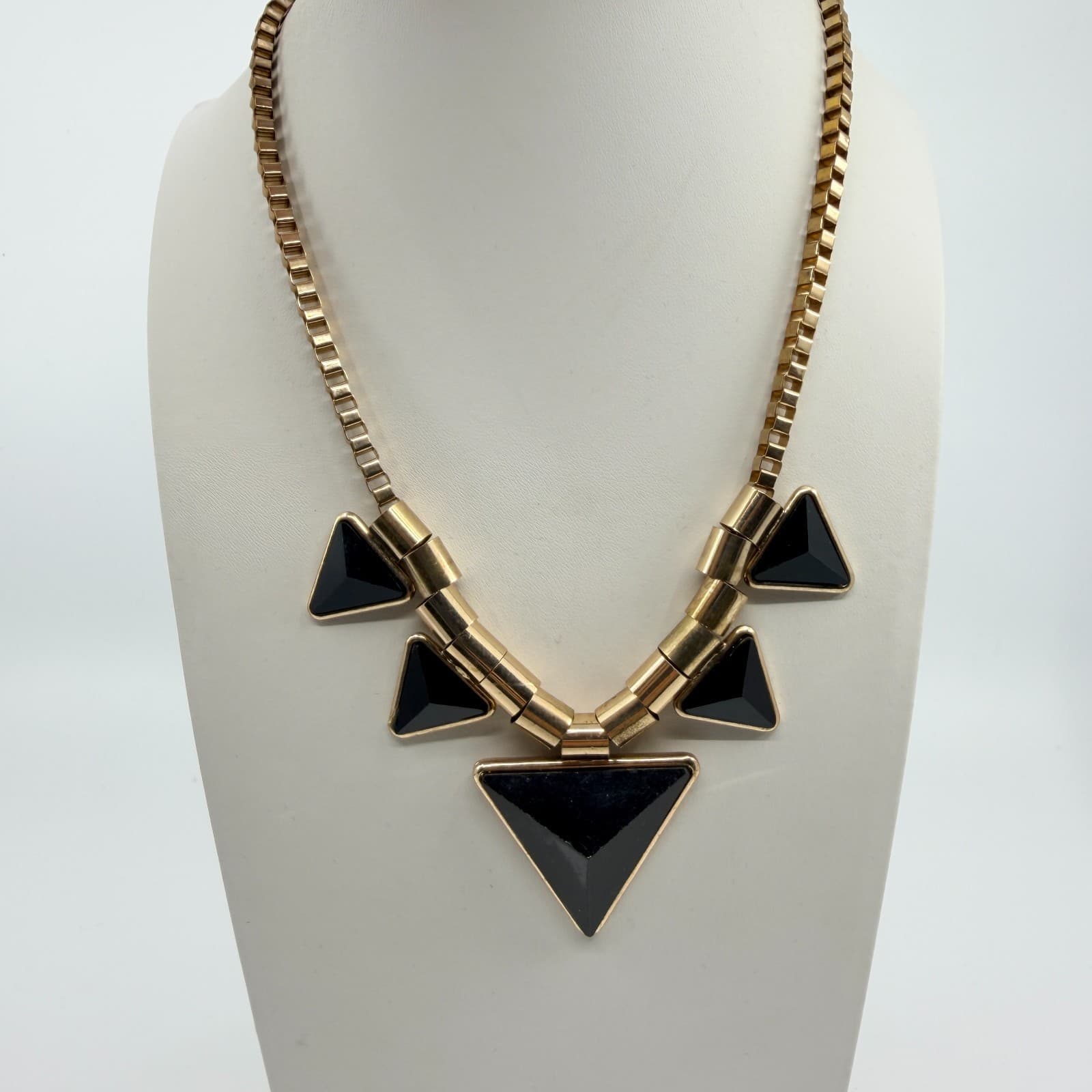Vintage Gold Tone Geometric Triangle Necklace Chunky Statement Black Faux Stone - Thumbnail 2