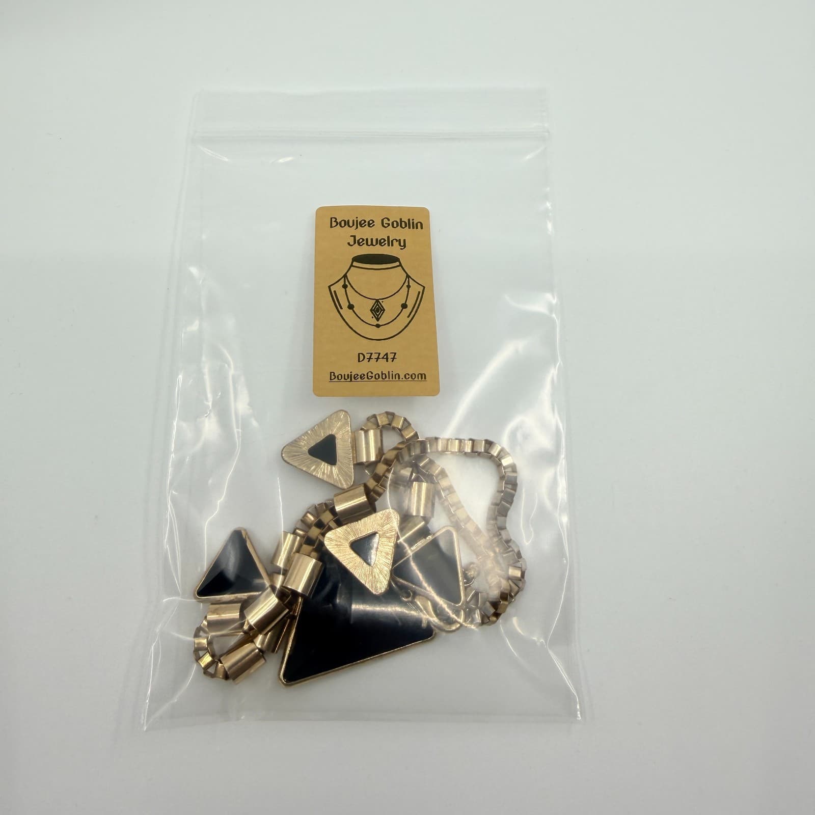 Vintage Gold Tone Geometric Triangle Necklace Chunky Statement Black Faux Stone - Thumbnail 8