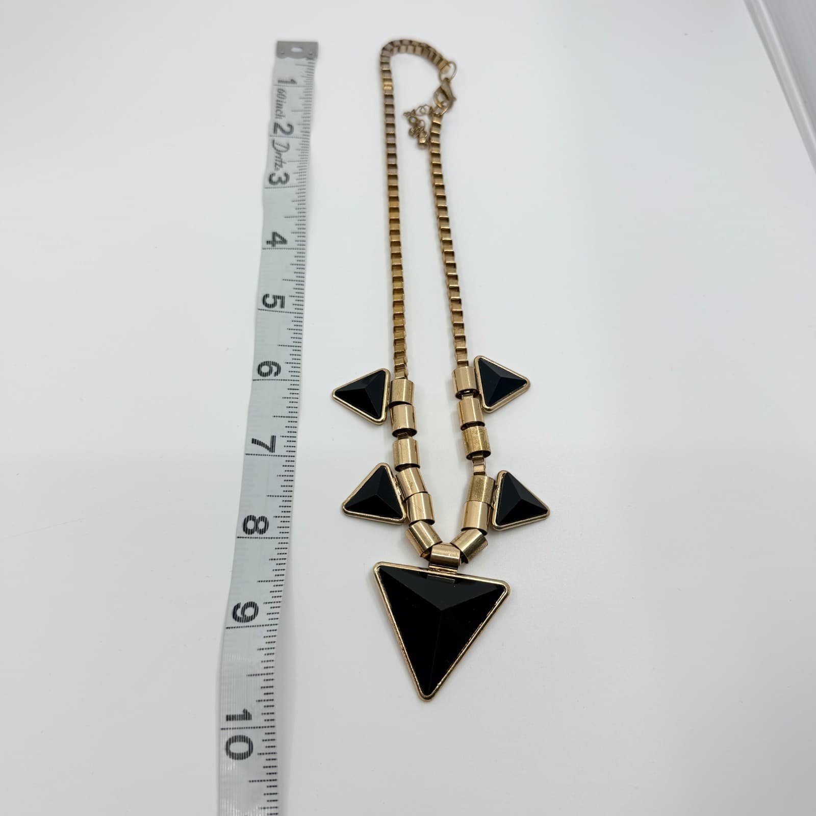 Vintage Gold Tone Geometric Triangle Necklace Chunky Statement Black Faux Stone - Thumbnail 7