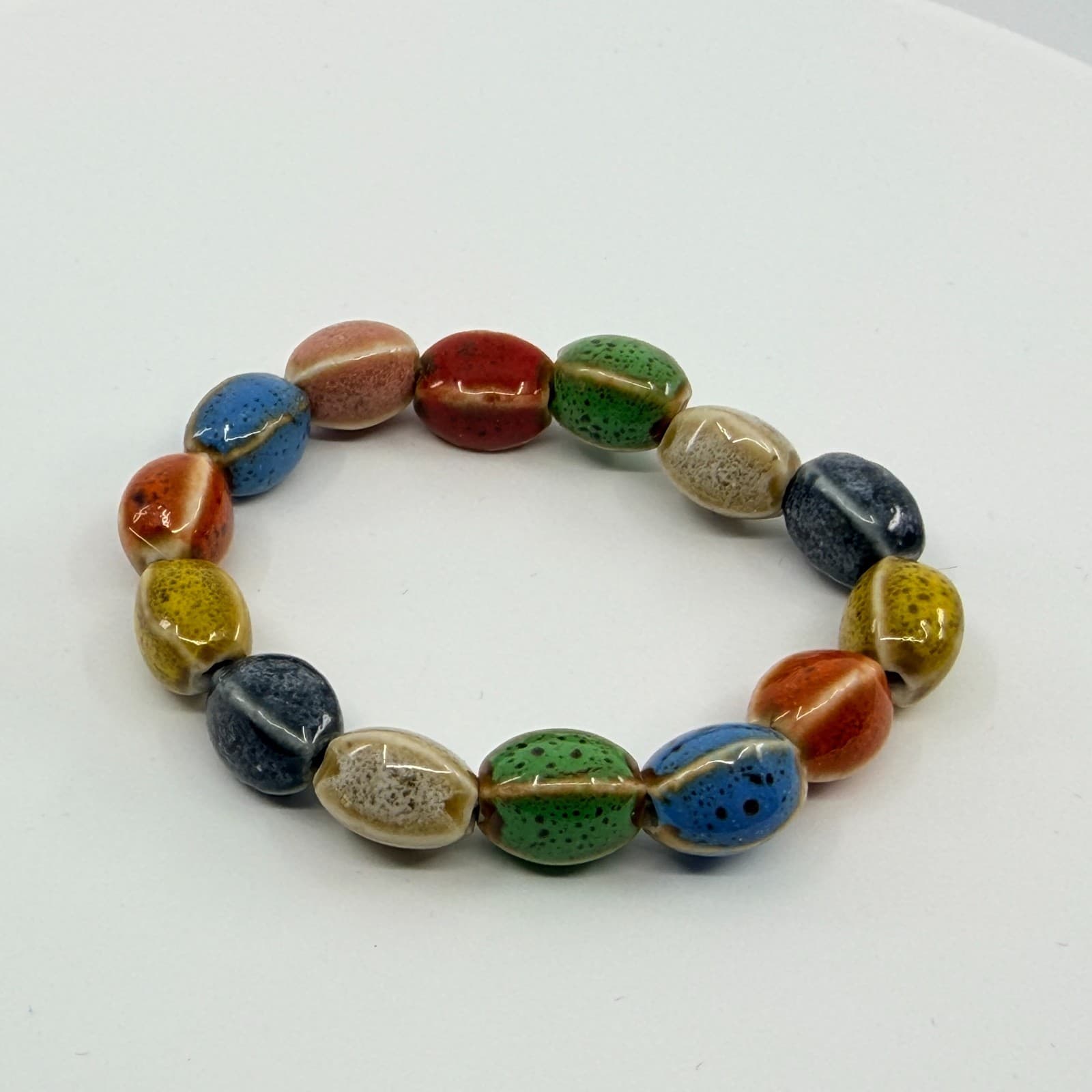 Vintage Multicolor Glazed Ceramic Bead Stretch Bracelet Speckled Boho Retro 90s - Thumbnail 4