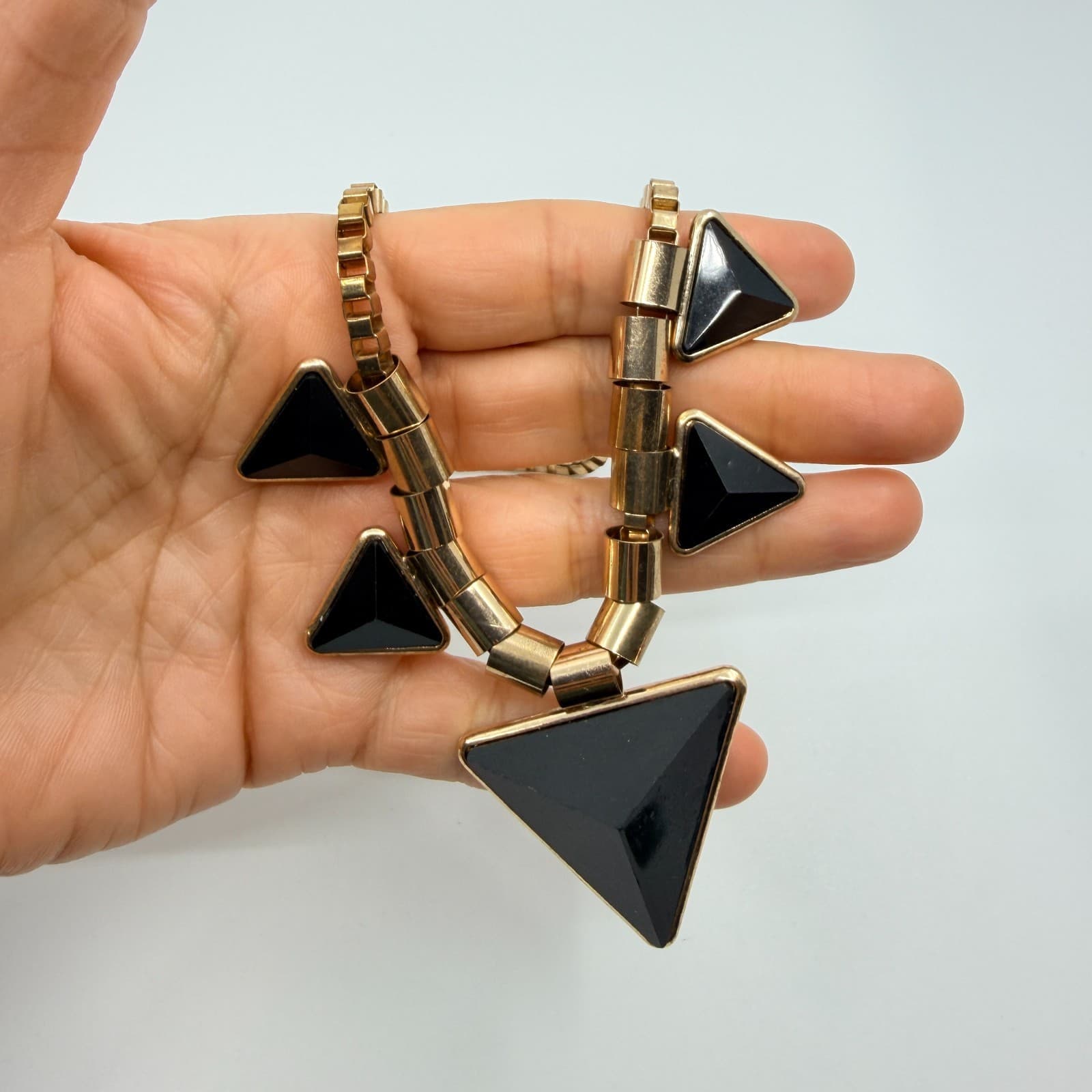 Vintage Gold Tone Geometric Triangle Necklace Chunky Statement Black Faux Stone - Thumbnail 6