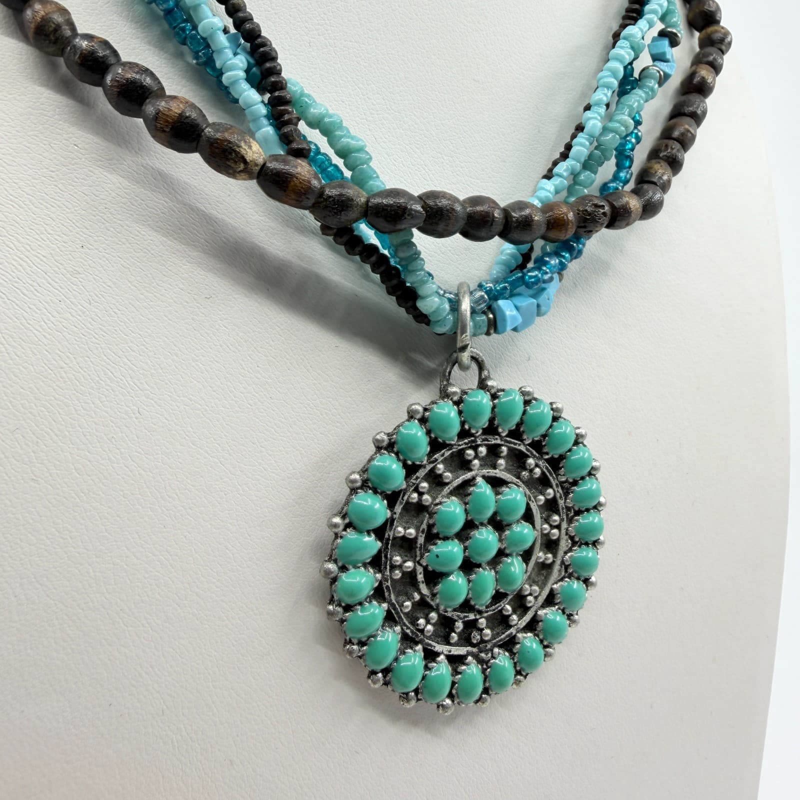 Vintage Southwestern Multi Strand Necklace Turquoise Tone Wood Seed Bead Concho - Thumbnail 6