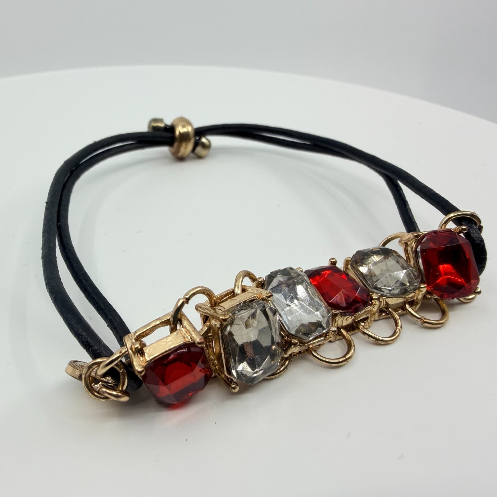 Vintage Gold Tone Red Clear Rhinestone Slider Bracelet Black Cord Statement Boho - Thumbnail 4
