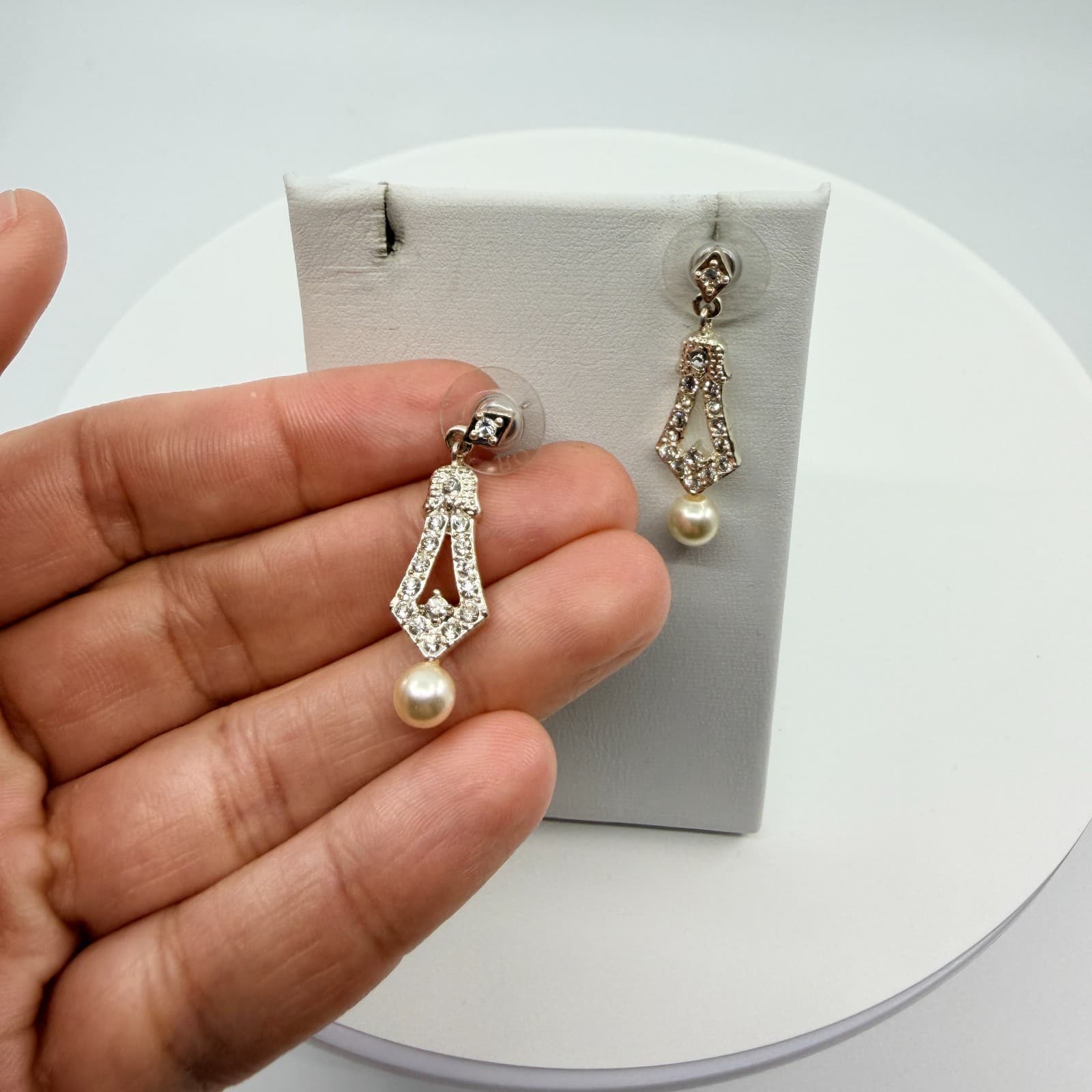Silver Tone Faux Pearl Dangle Drop Earrings Rhinestone Art Deco Style Retro Boho - Thumbnail 7