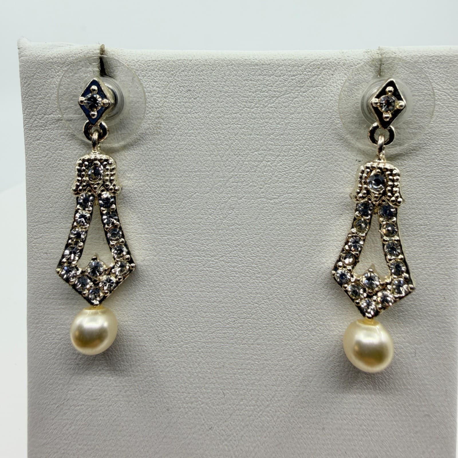 Silver Tone Faux Pearl Dangle Drop Earrings Rhinestone Art Deco Style Retro Boho - Thumbnail 6
