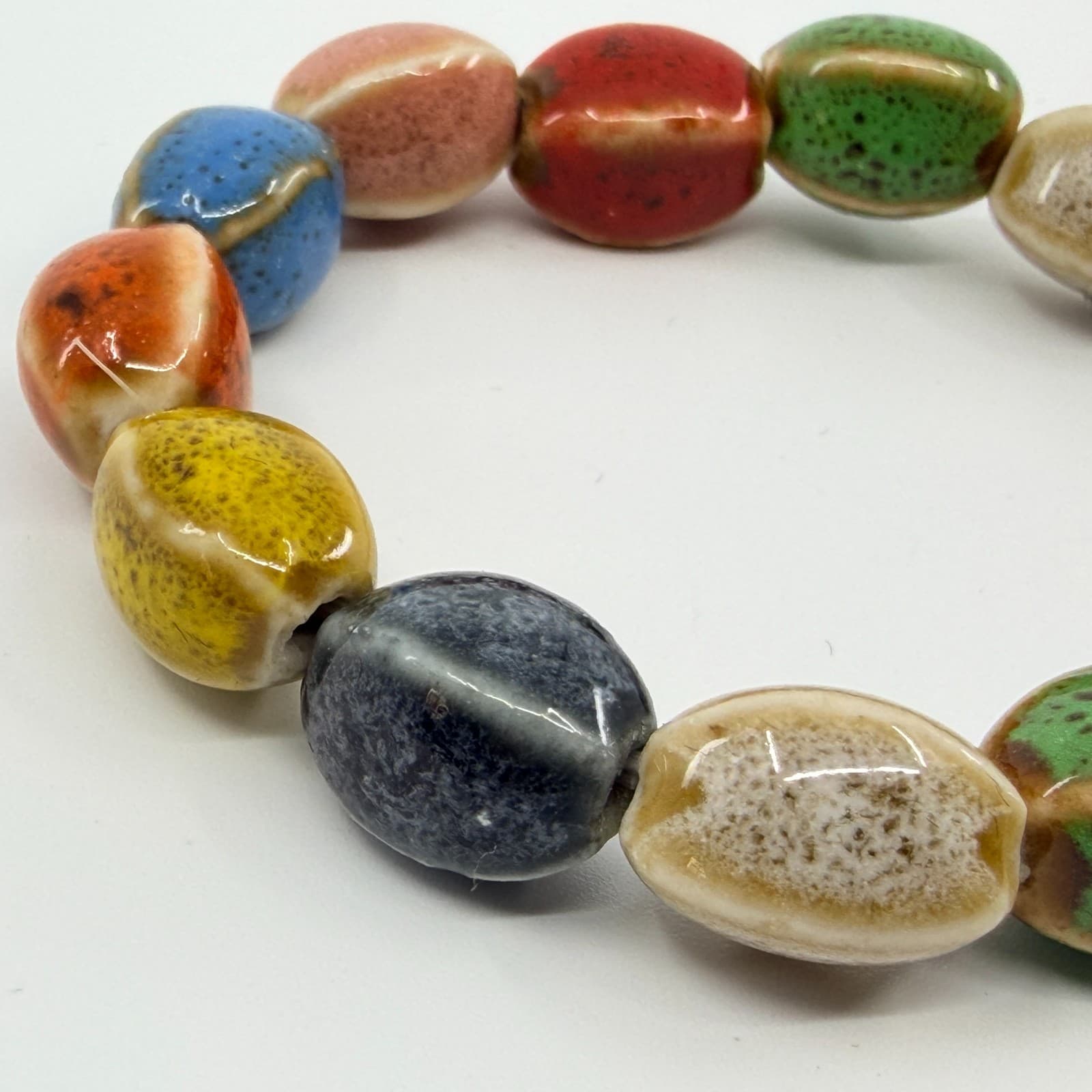 Vintage Multicolor Glazed Ceramic Bead Stretch Bracelet Speckled Boho Retro 90s - Thumbnail 5