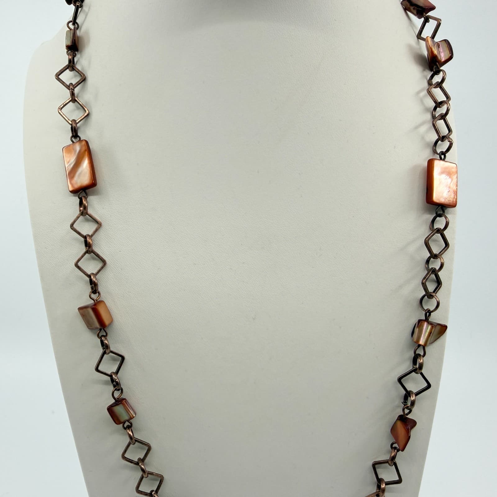 Vintage Copper Tone Chain Necklace Long Geometric Faux Shell Brown Boho Retro - Thumbnail 4