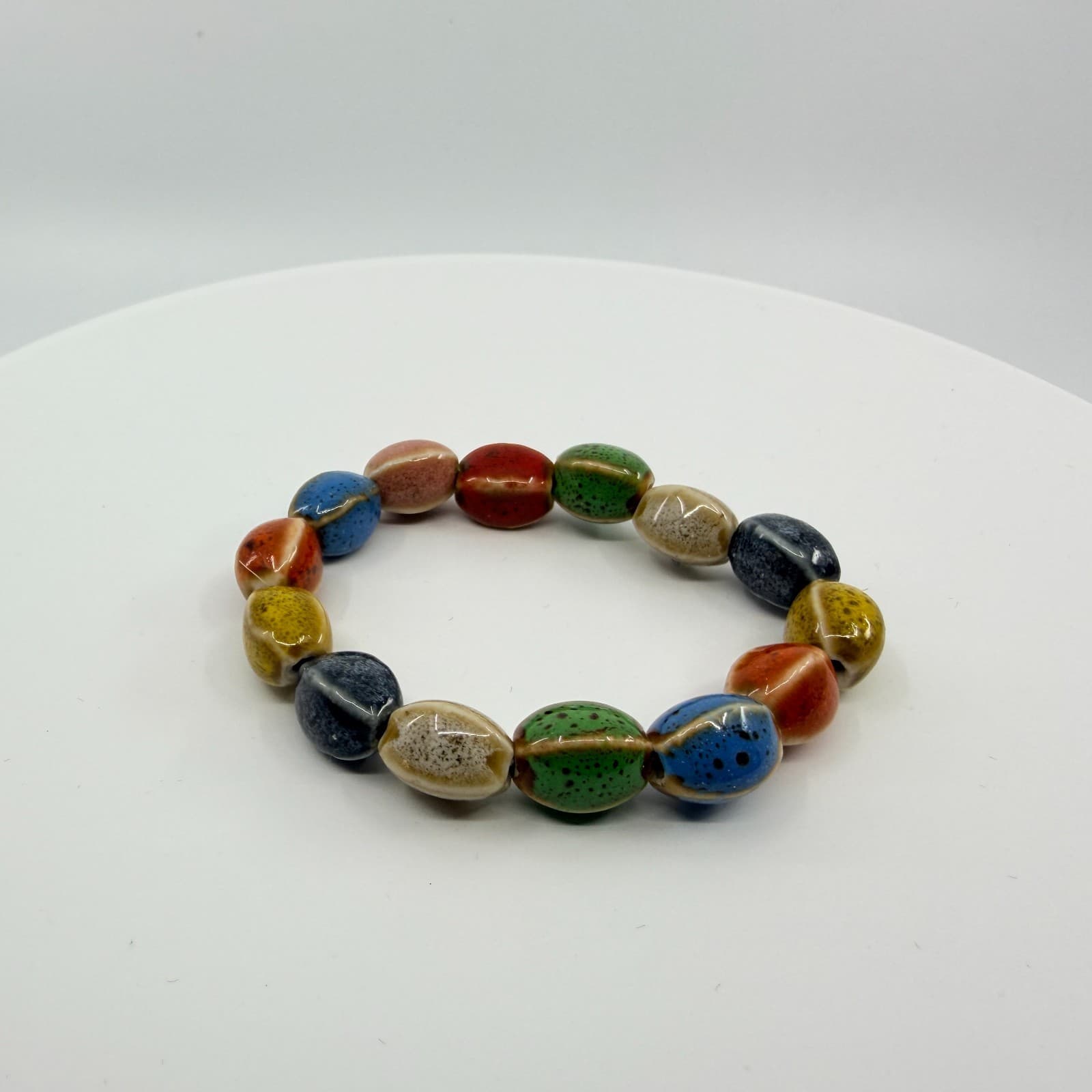 Vintage Multicolor Glazed Ceramic Bead Stretch Bracelet Speckled Boho Retro 90s - Thumbnail 3