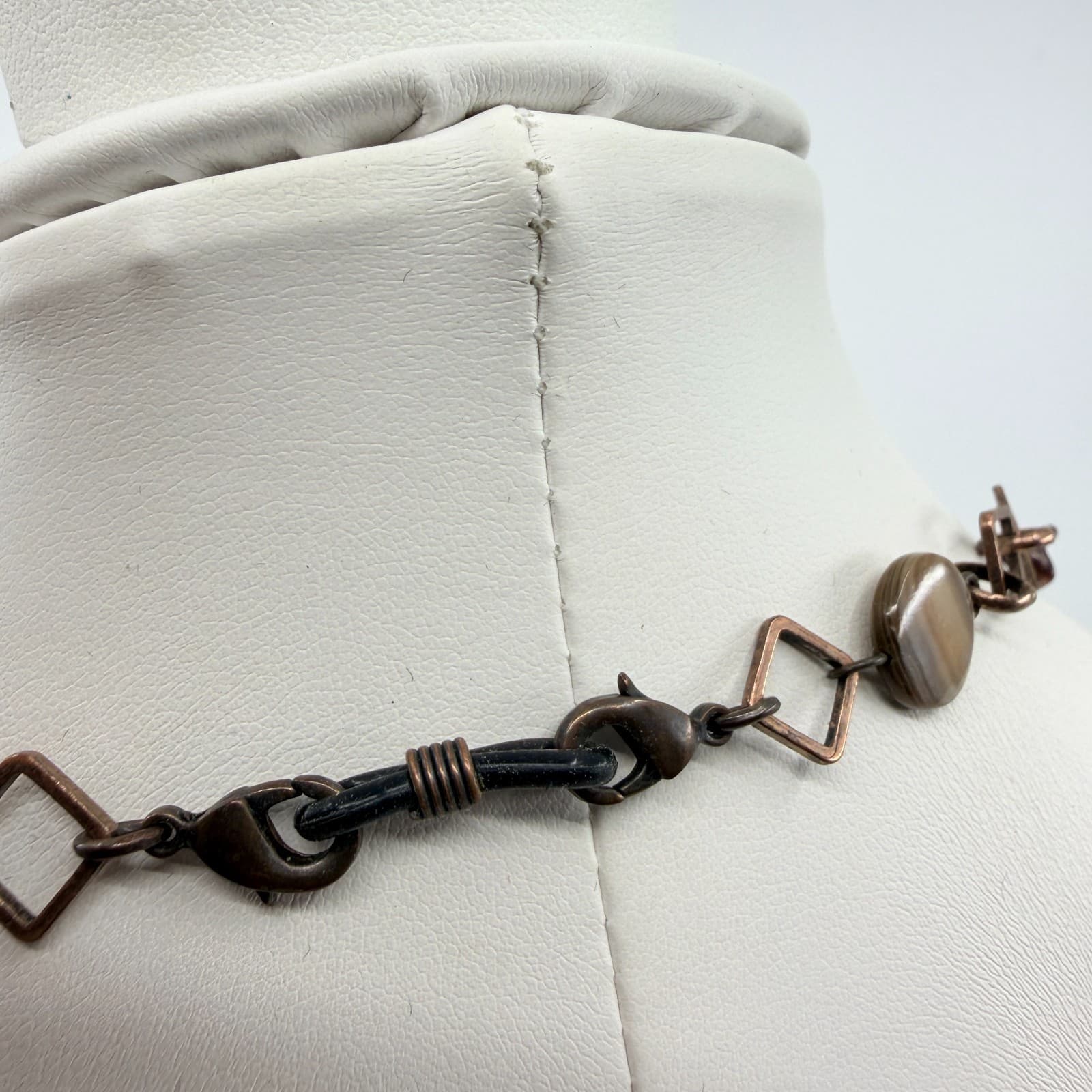 Vintage Copper Tone Chain Necklace Long Geometric Faux Shell Brown Boho Retro - Thumbnail 8