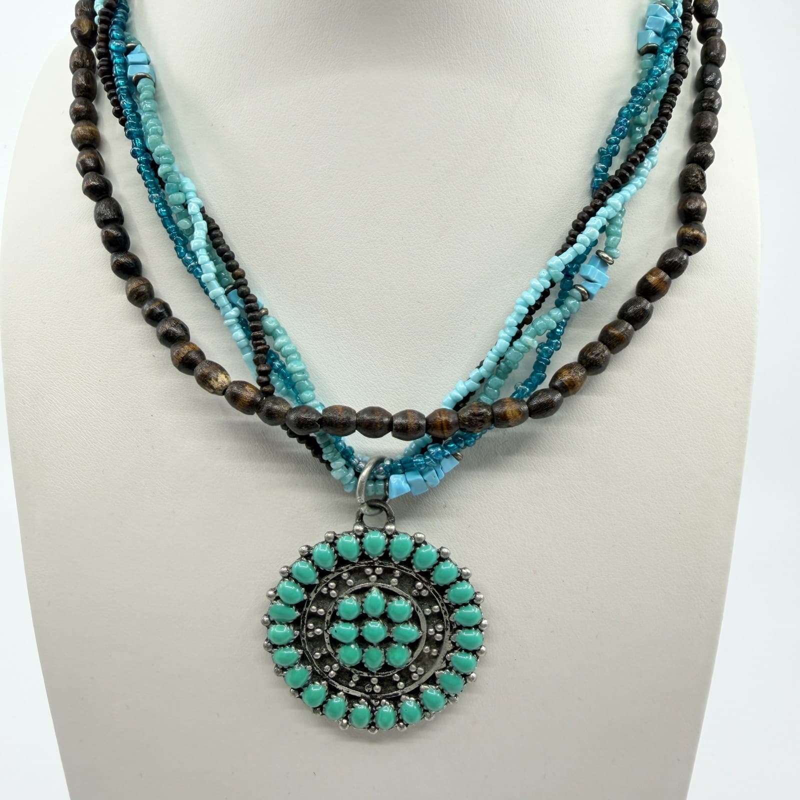 Vintage Southwestern Multi Strand Necklace Turquoise Tone Wood Seed Bead Concho - Thumbnail 2