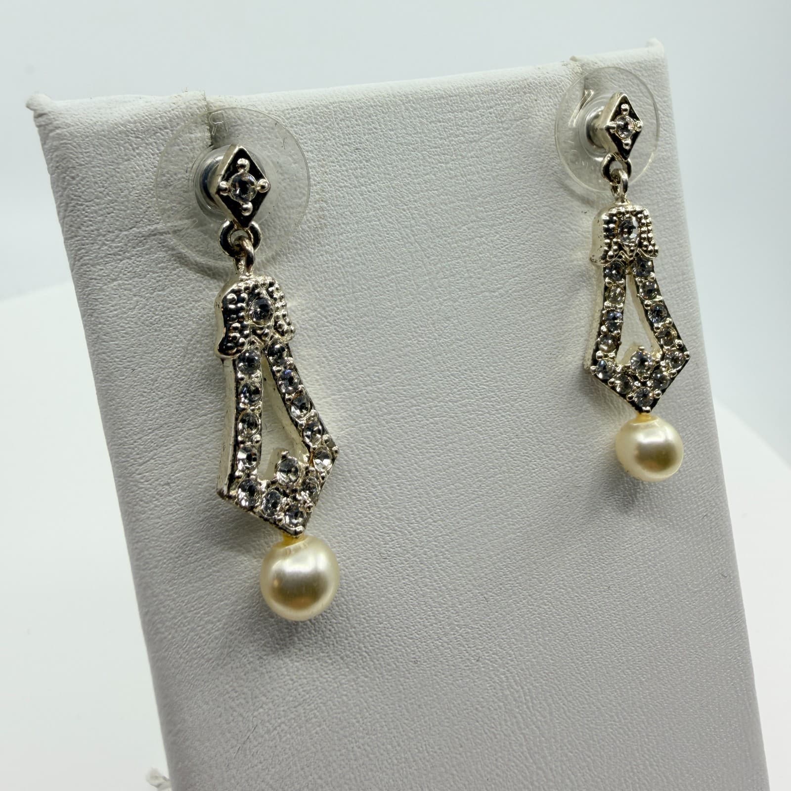 Silver Tone Faux Pearl Dangle Drop Earrings Rhinestone Art Deco Style Retro Boho - Thumbnail 3