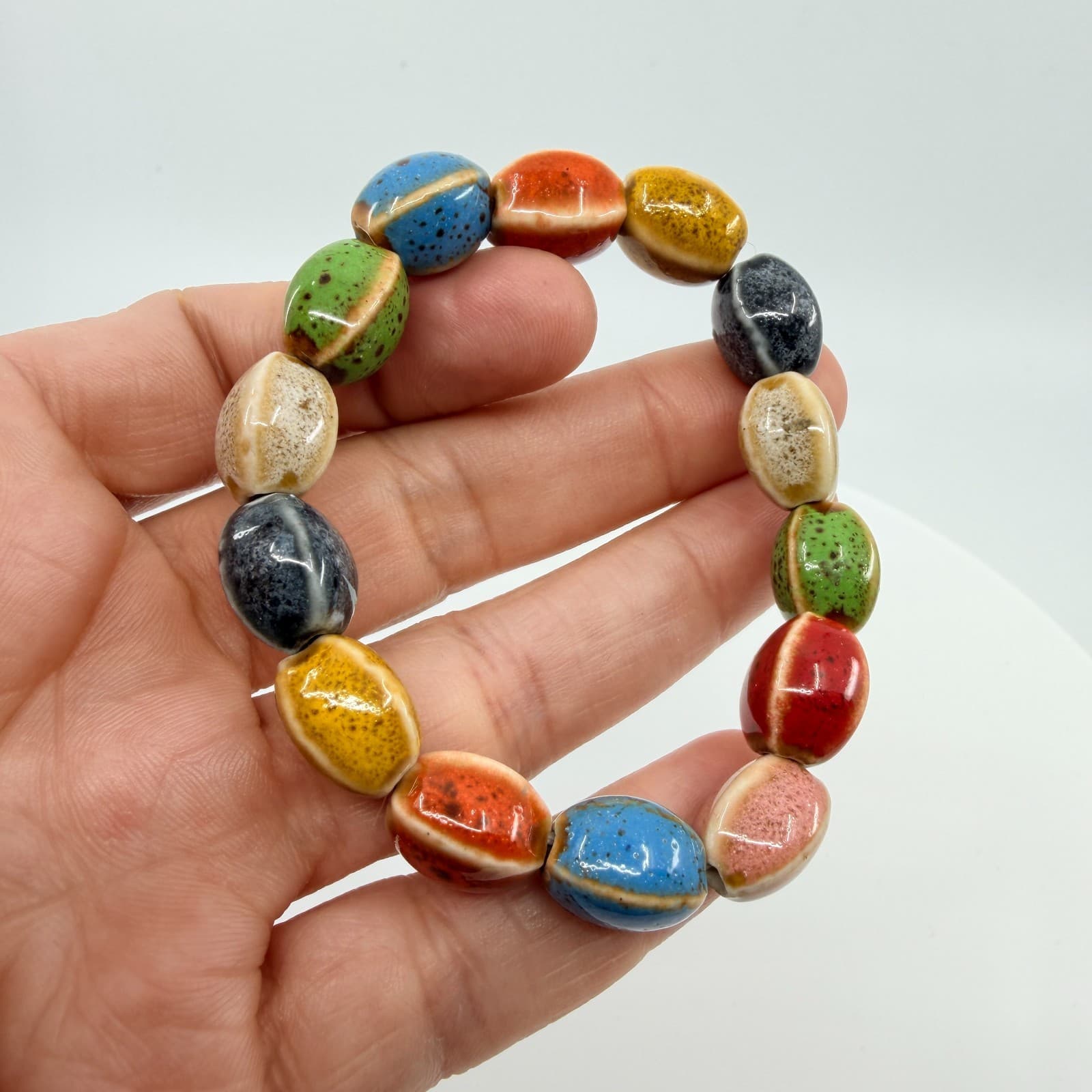 Vintage Multicolor Glazed Ceramic Bead Stretch Bracelet Speckled Boho Retro 90s - Thumbnail 6