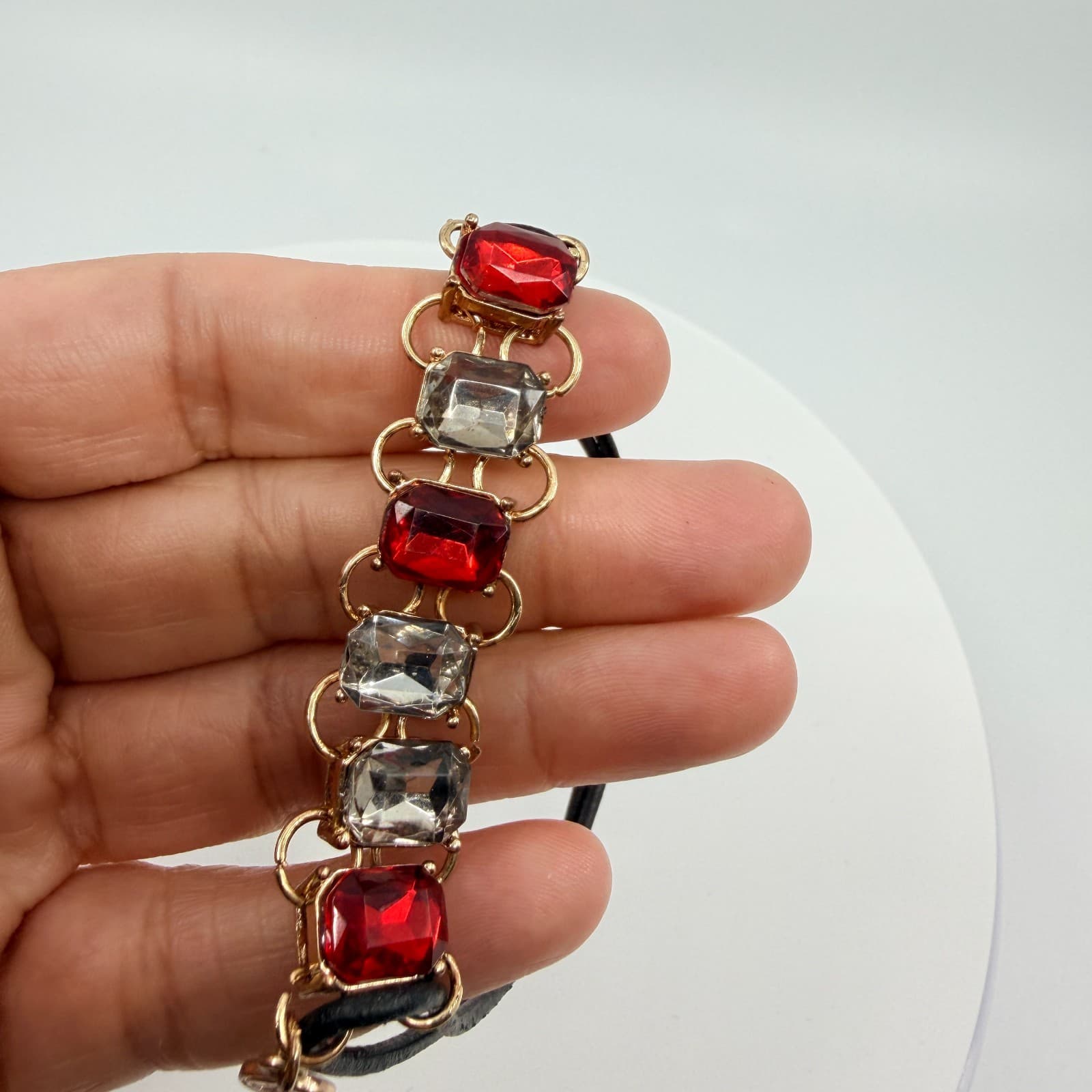 Vintage Gold Tone Red Clear Rhinestone Slider Bracelet Black Cord Statement Boho - Thumbnail 8