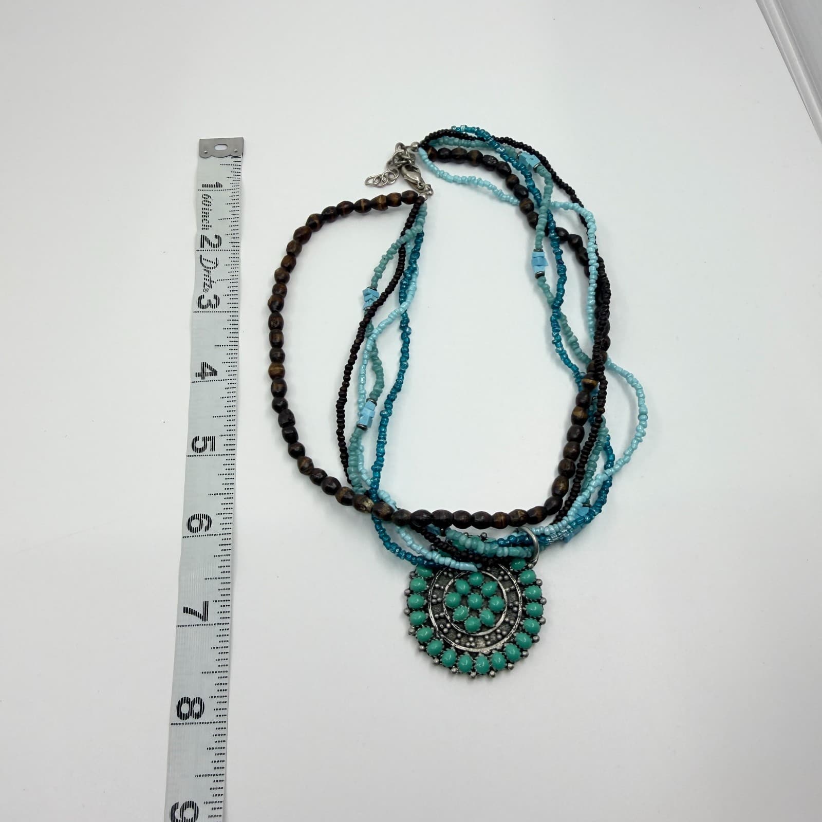 Vintage Southwestern Multi Strand Necklace Turquoise Tone Wood Seed Bead Concho - Thumbnail 12
