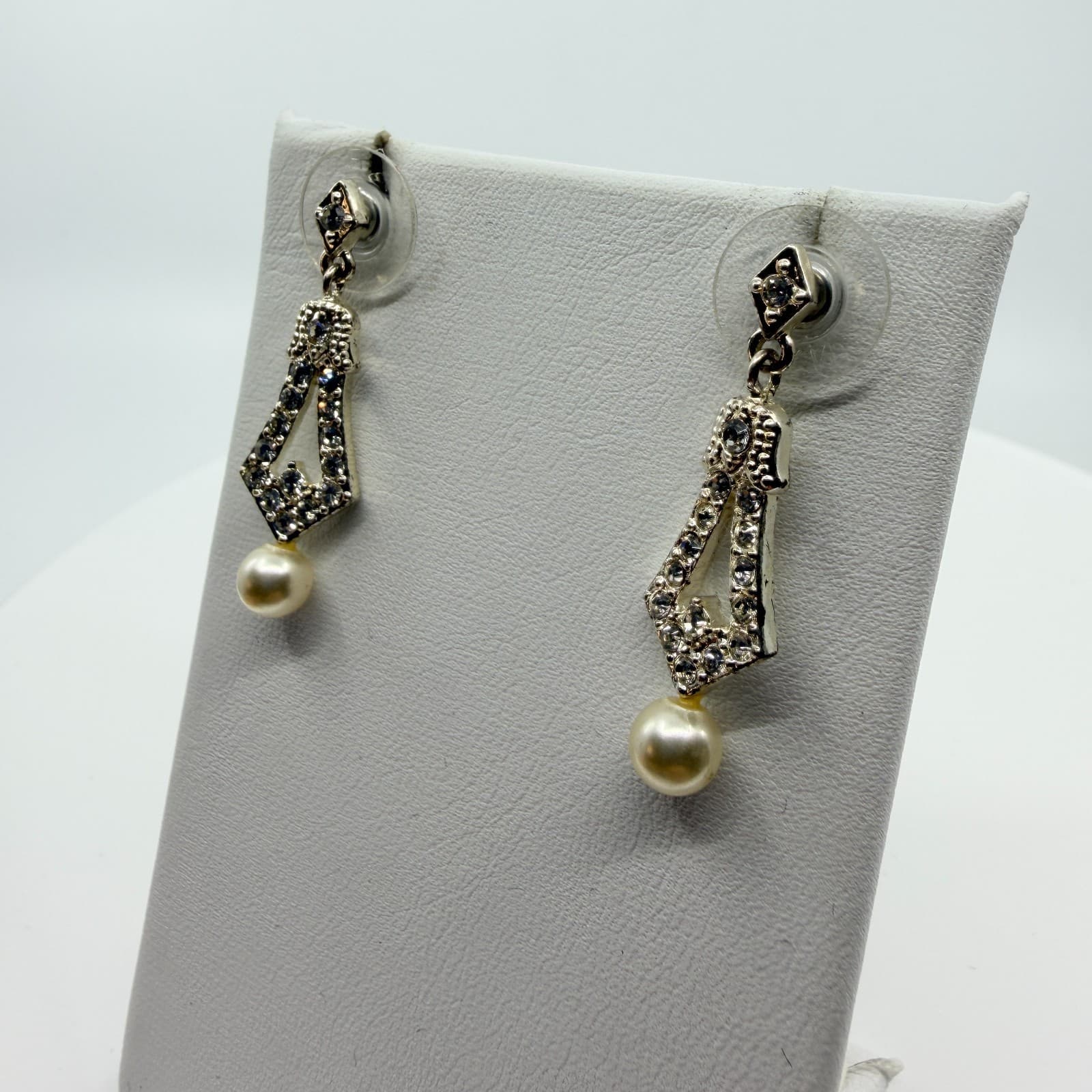 Silver Tone Faux Pearl Dangle Drop Earrings Rhinestone Art Deco Style Retro Boho - Thumbnail 5