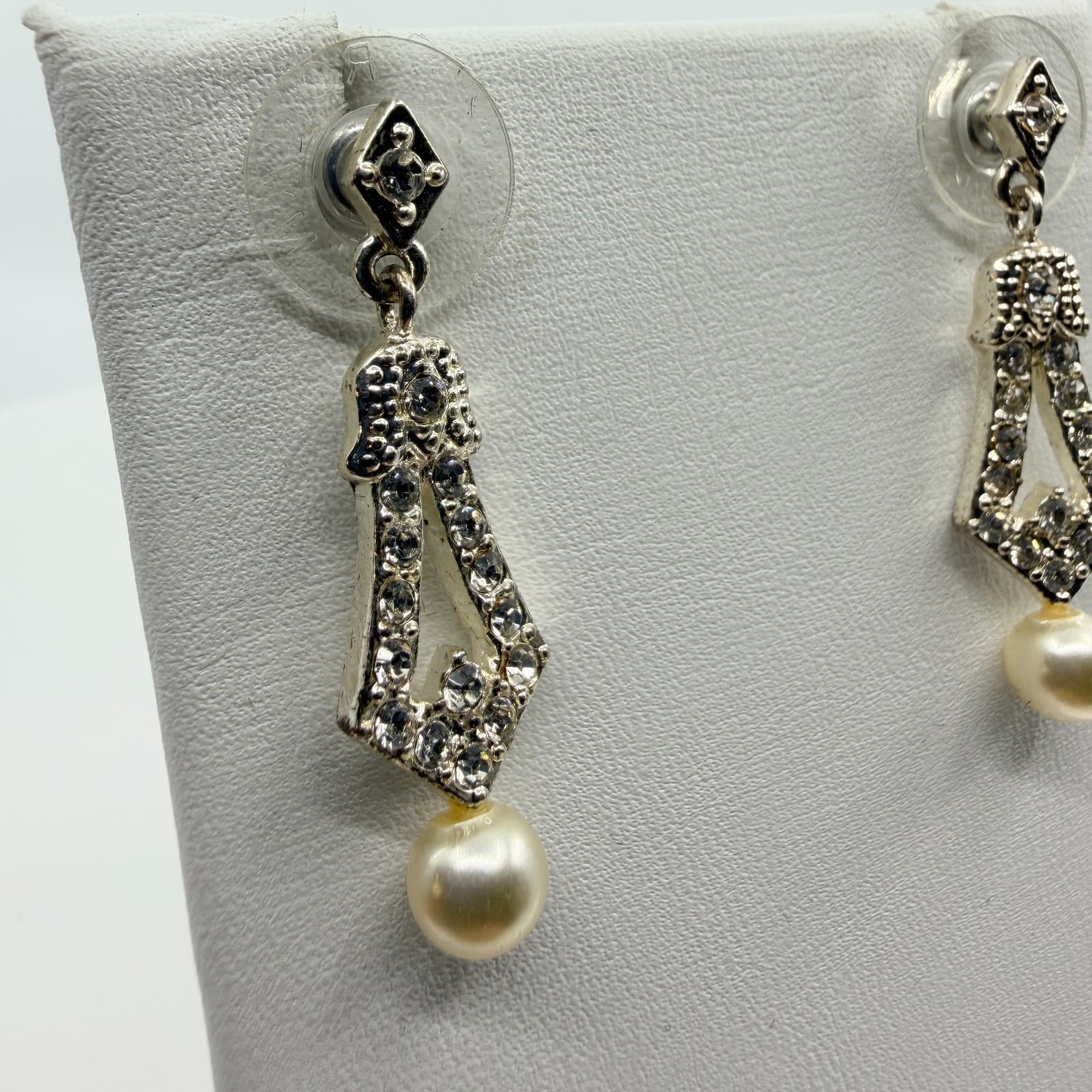 Silver Tone Faux Pearl Dangle Drop Earrings Rhinestone Art Deco Style Retro Boho - Thumbnail 4