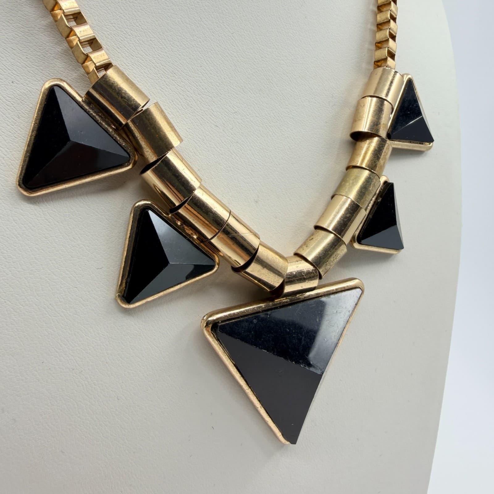 Vintage Gold Tone Geometric Triangle Necklace Chunky Statement Black Faux Stone - Thumbnail 3