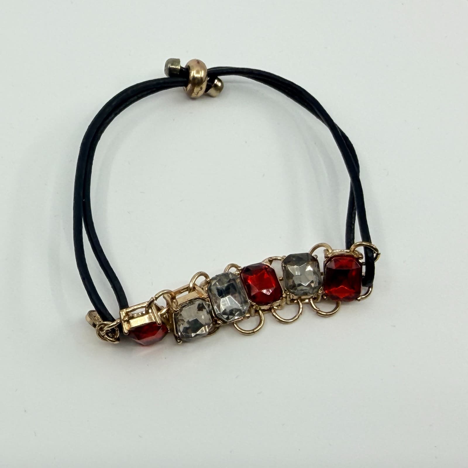 Vintage Gold Tone Red Clear Rhinestone Slider Bracelet Black Cord Statement Boho - Thumbnail 6