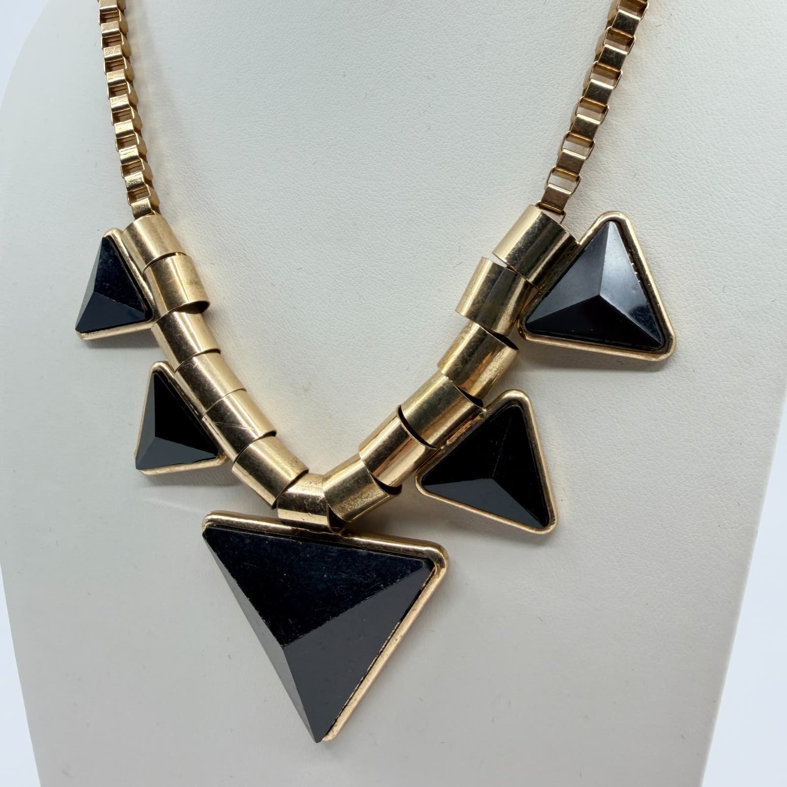Vintage Gold Tone Geometric Triangle Necklace Chunky Statement Black Faux Stone - Thumbnail 4