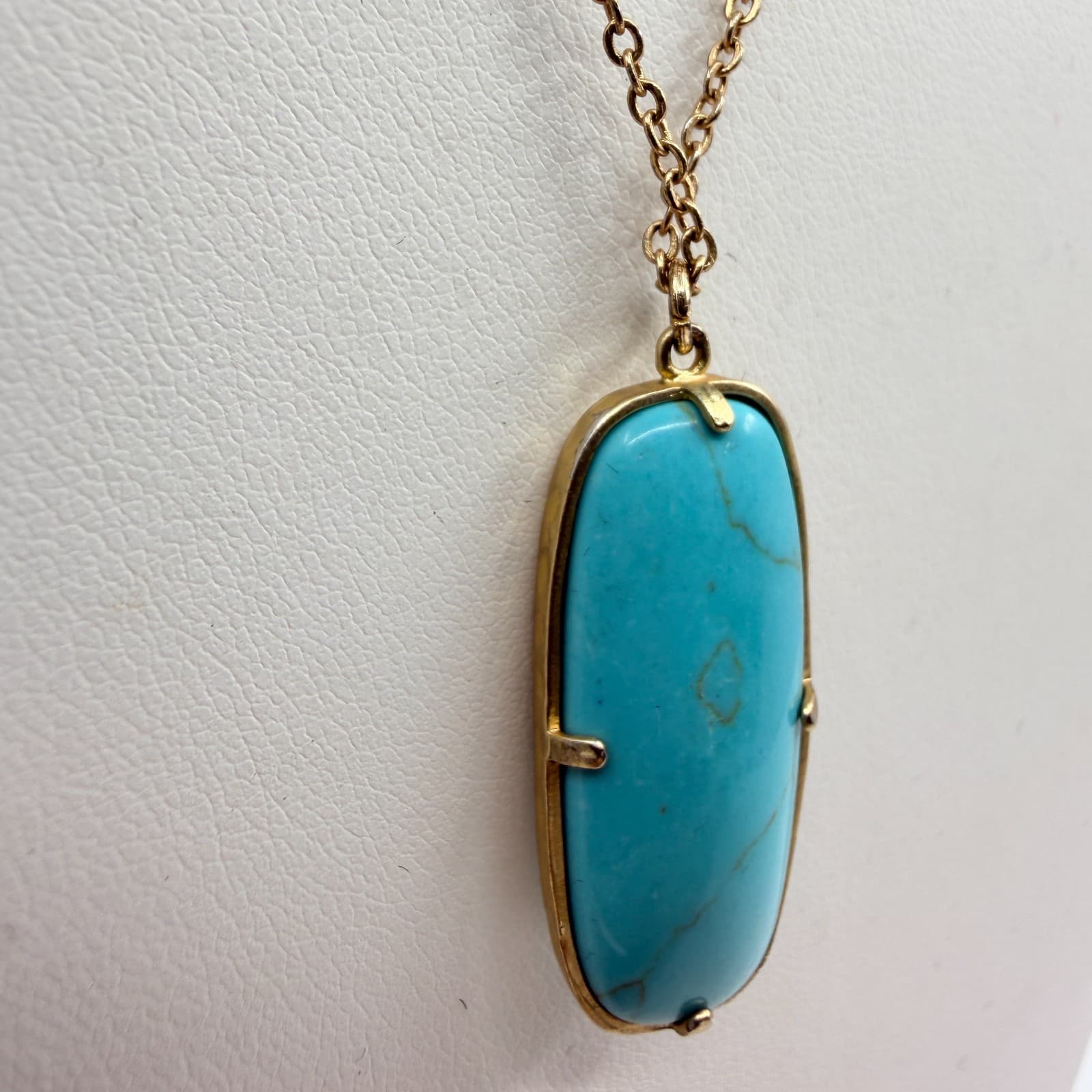 Vintage Gold Tone Long Pendant Necklace Gold Tone Turquoise Magnesite Statement - Thumbnail 4