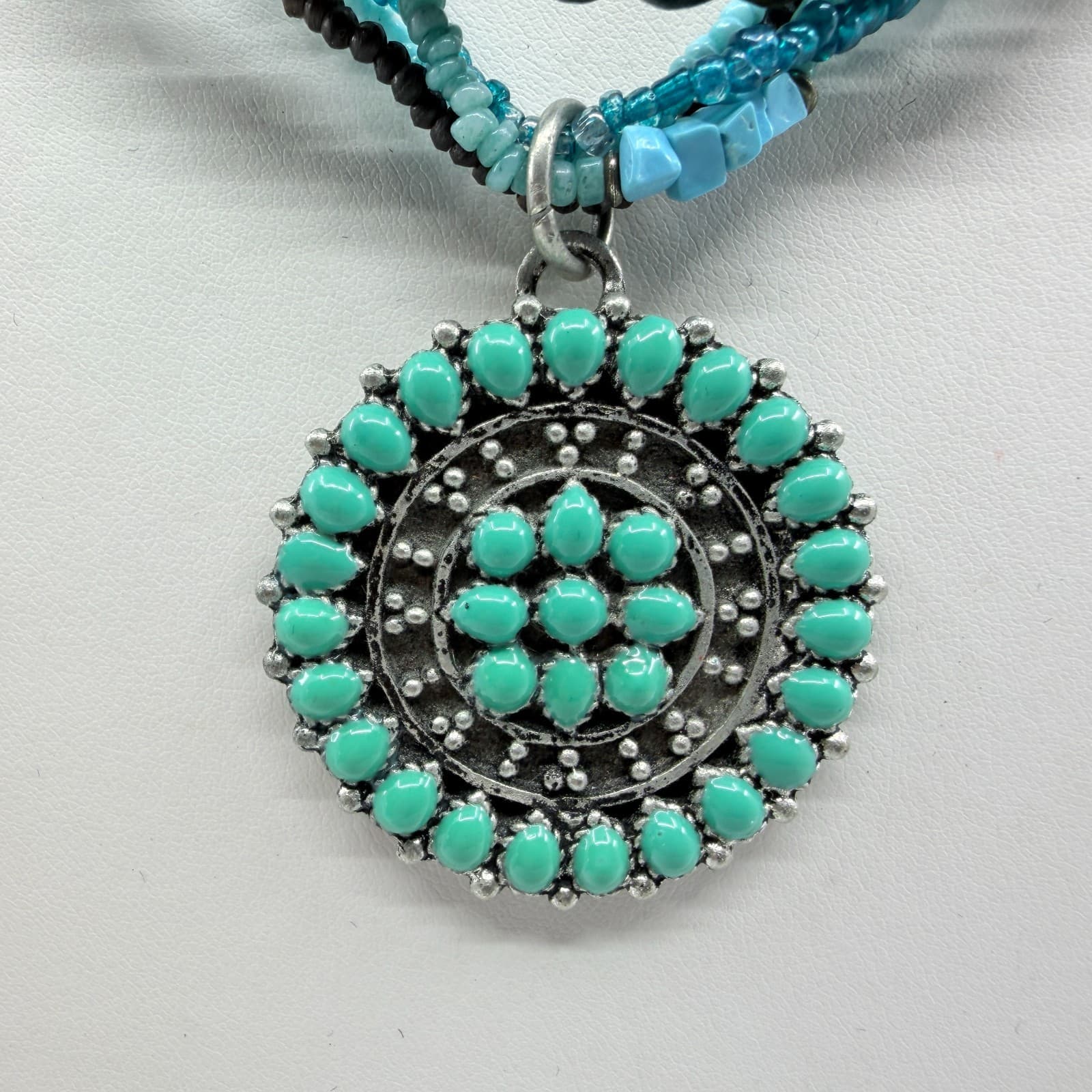 Vintage Southwestern Multi Strand Necklace Turquoise Tone Wood Seed Bead Concho - Thumbnail 3