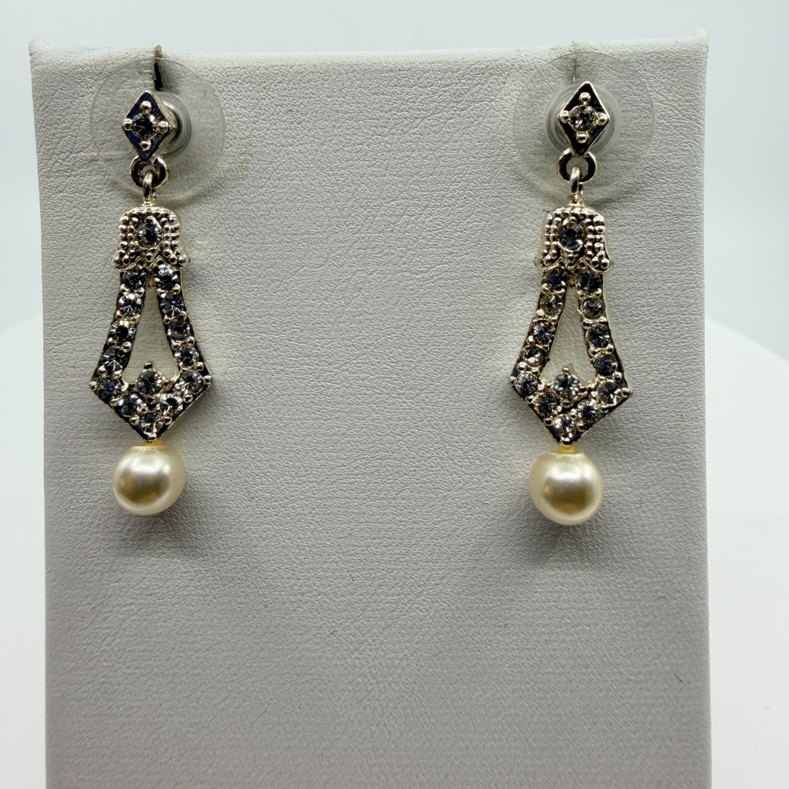 Silver Tone Faux Pearl Dangle Drop Earrings Rhinestone Art Deco Style Retro Boho - Thumbnail 2