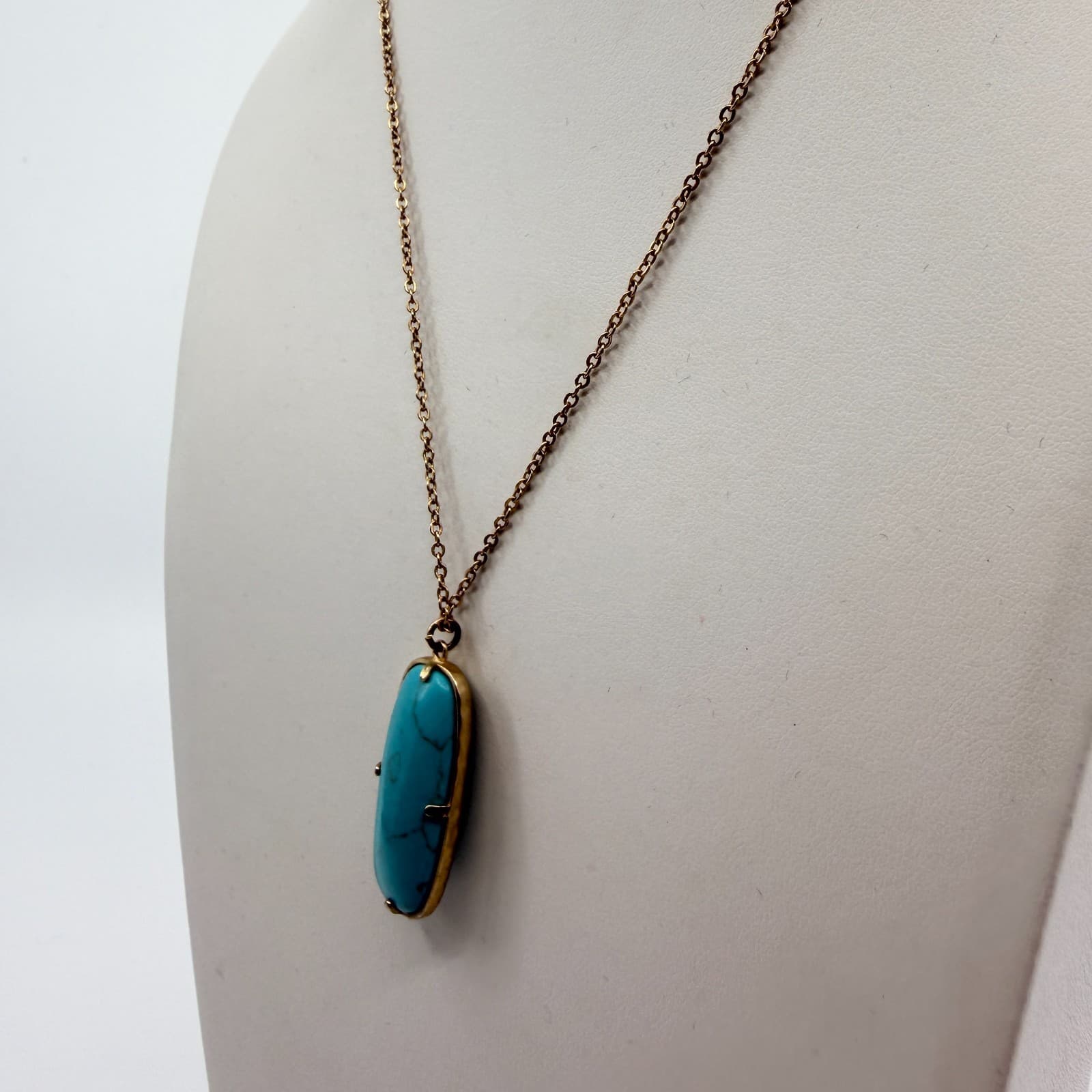 Vintage Gold Tone Long Pendant Necklace Gold Tone Turquoise Magnesite Statement - Thumbnail 7