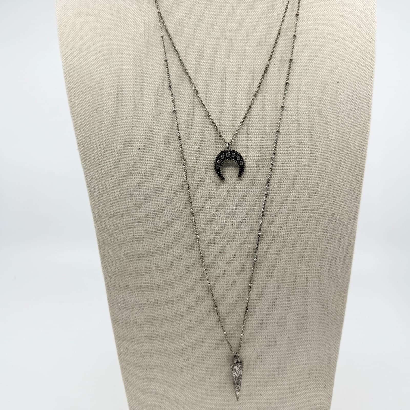 Vintage Silver Tone Layered Choker Necklace Crescent Moon Arrowhead Blue Ribbon - Thumbnail 5