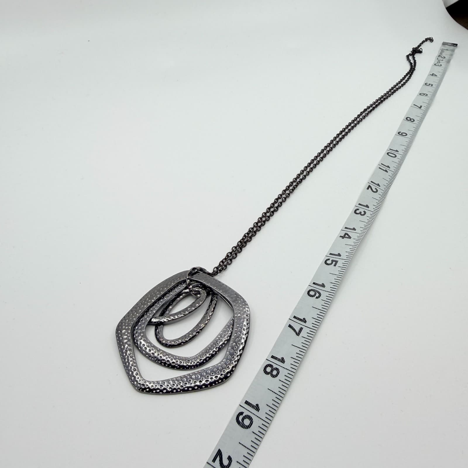 Vintage Black Gunmetal Long Pendant Necklace Hammered Geometric Open Hoop Boho - Thumbnail 7