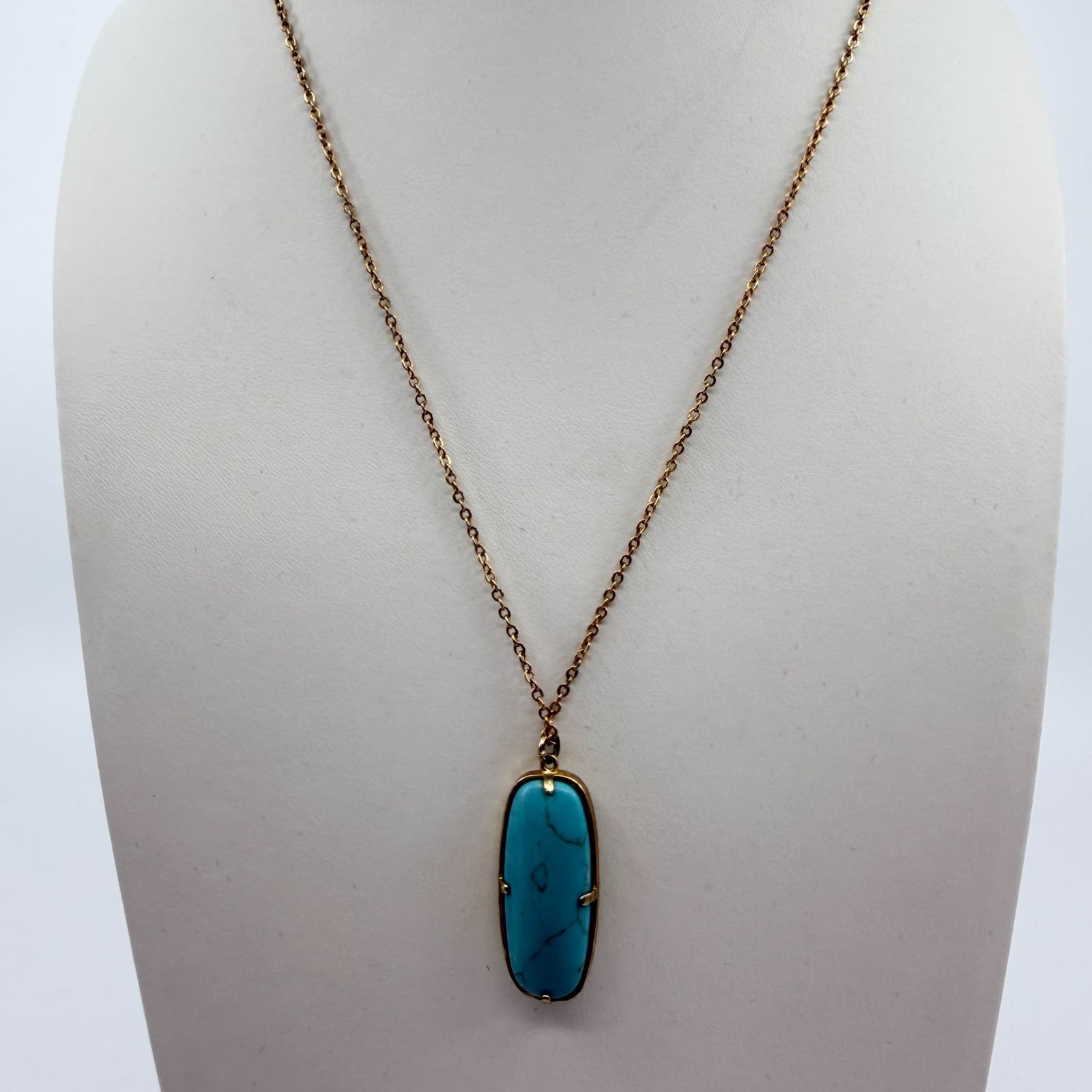 Vintage Gold Tone Long Pendant Necklace Gold Tone Turquoise Magnesite Statement - Thumbnail 3