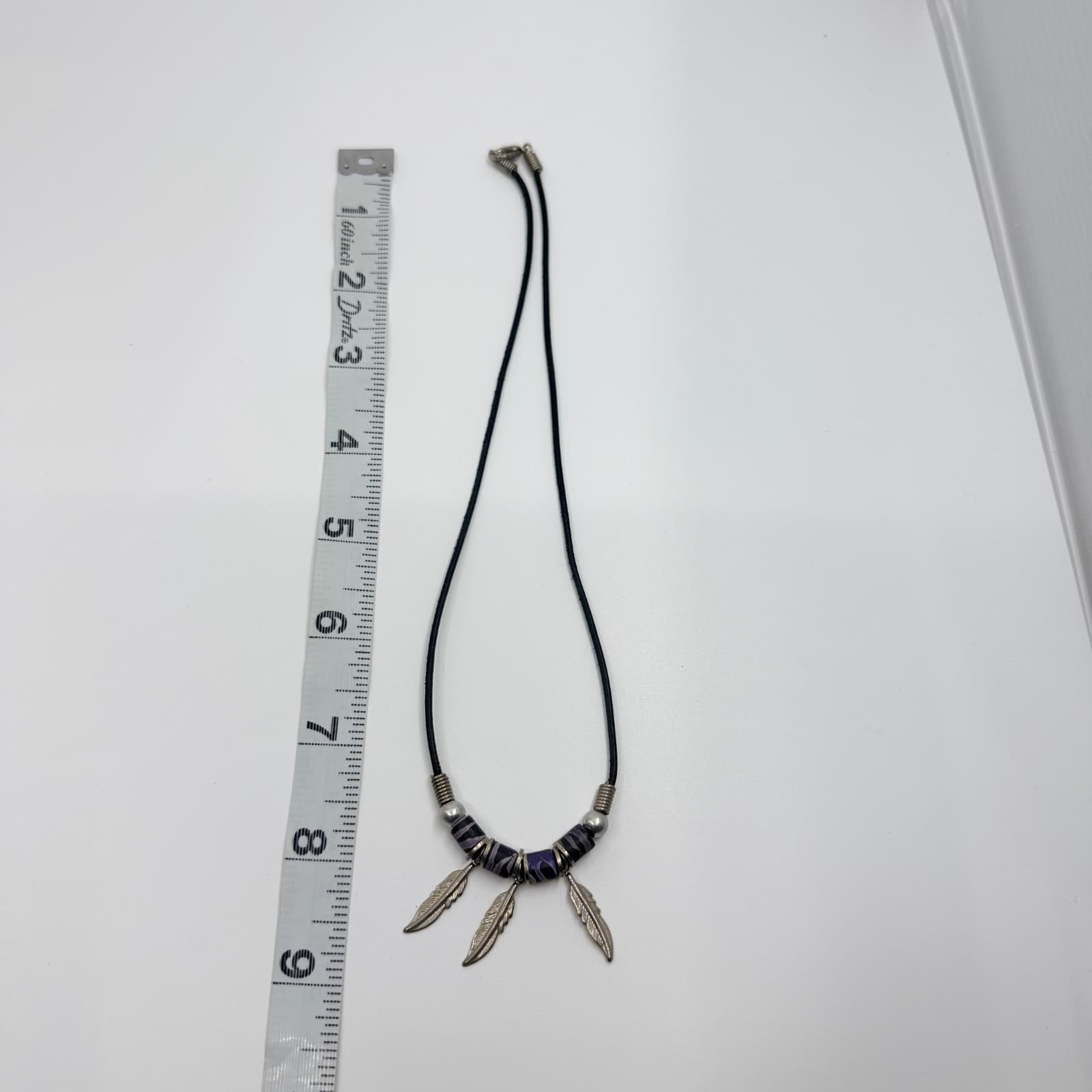 Vintage Southwestern Silver Tone Triple Feather Necklace Purple Marble Bead Boho - Thumbnail 10