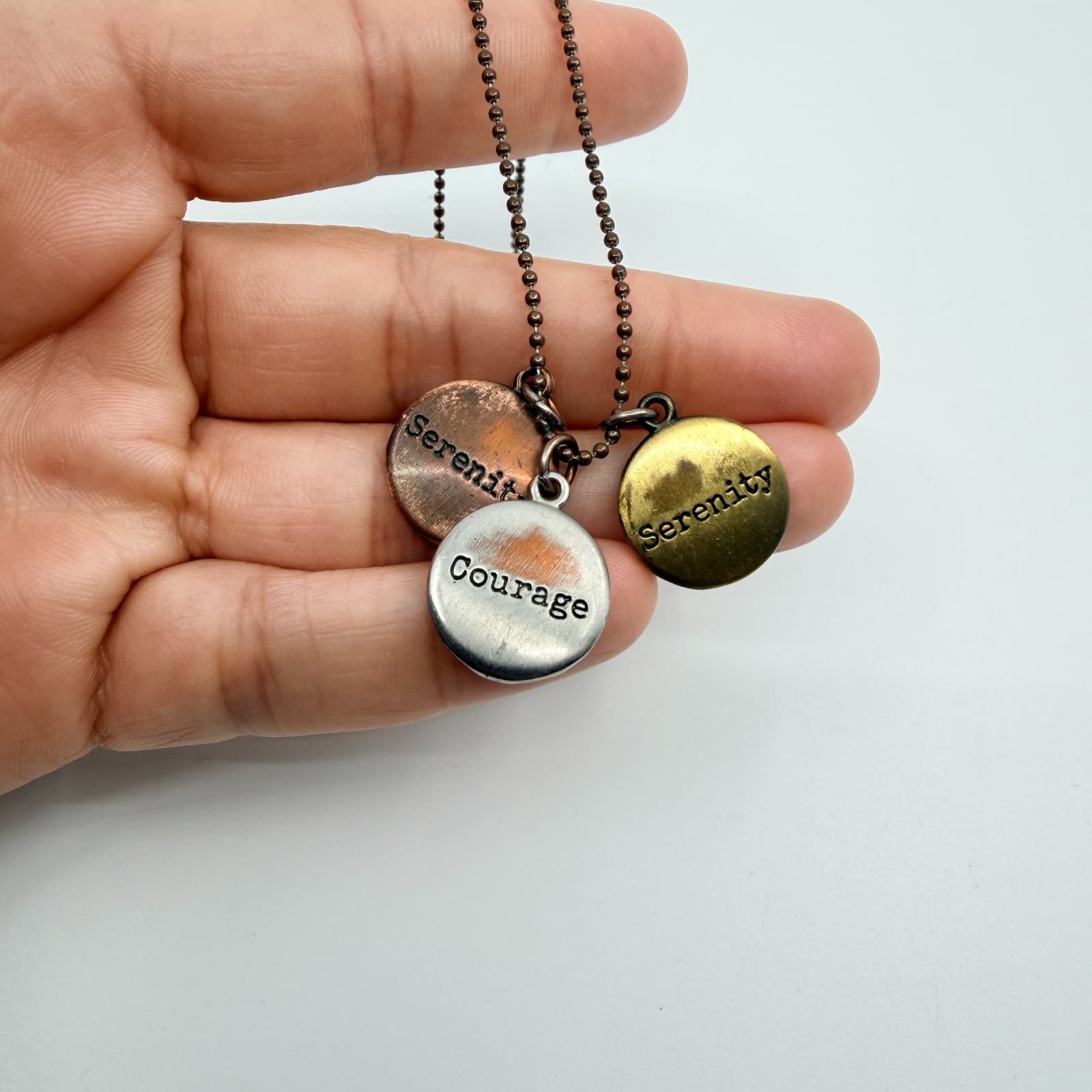 Vintage Mixed Metal Stamped Disc Necklace Courage Serenity Wisdom Retro Boho 90s - Thumbnail 7