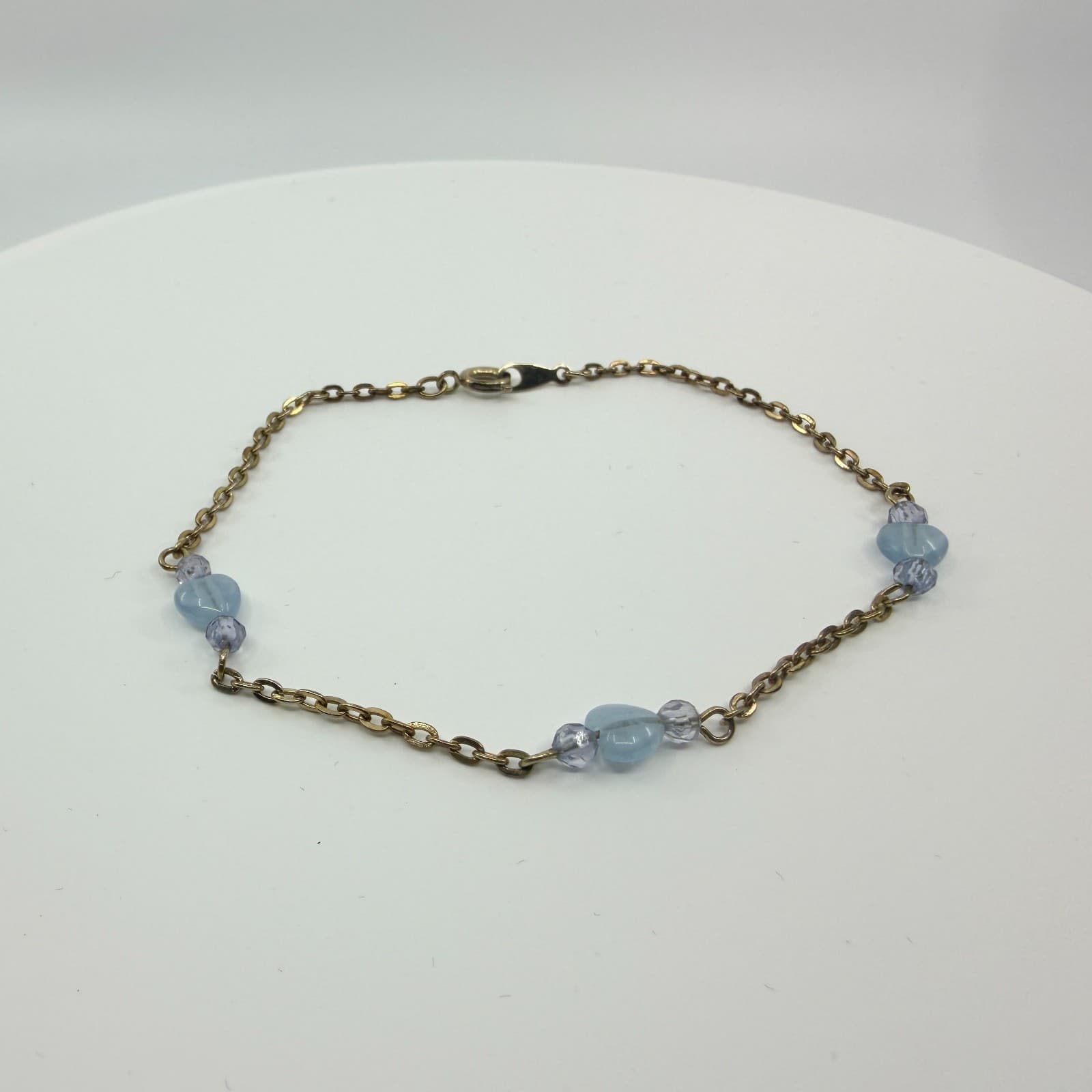 Vintage Gold Tone Chain Bracelet Light Blue Heart Bead Faceted Crystal Boho 90s - Thumbnail 3