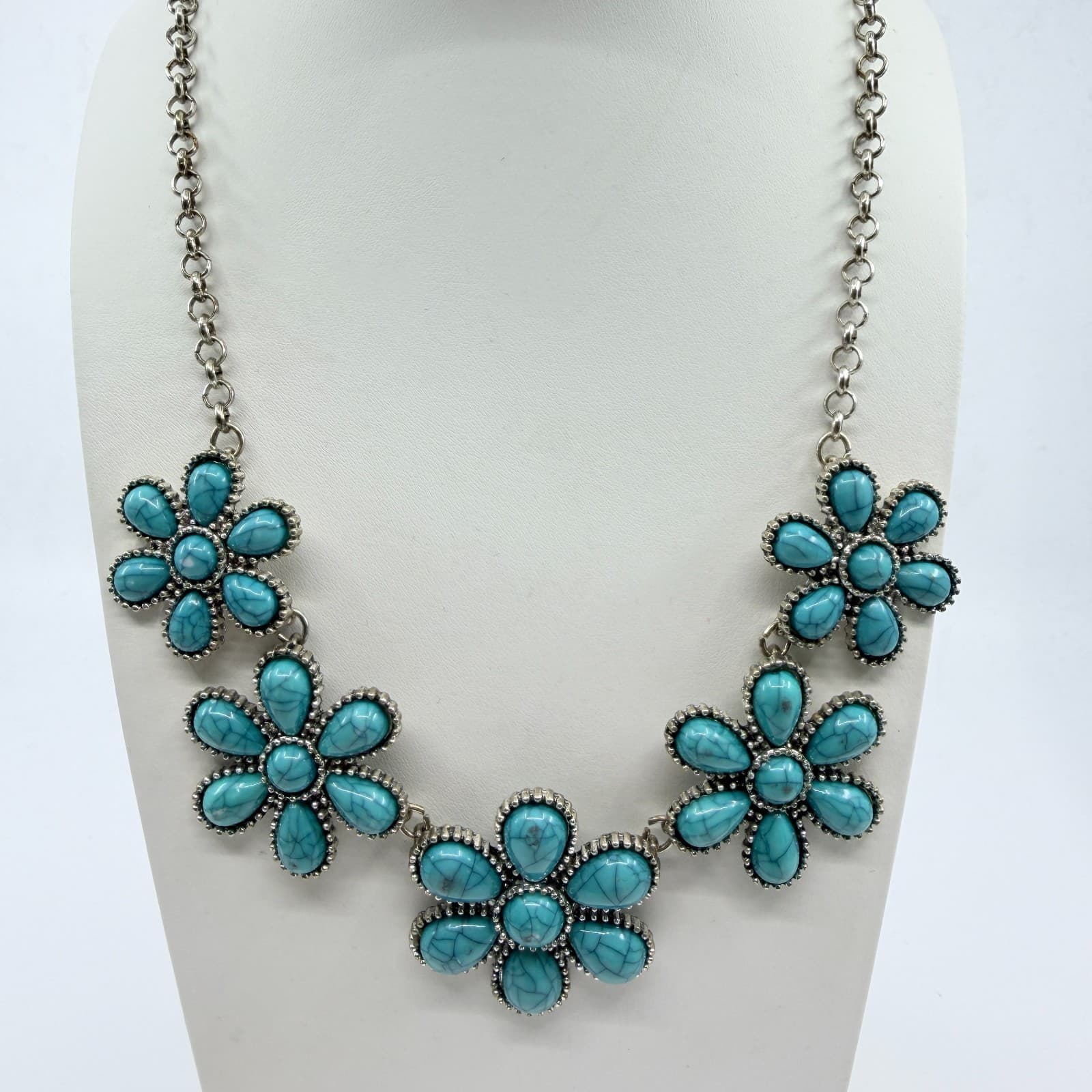 Vintage Faux Turquoise Matrix Flower Bib Statement Necklace Silver Tone Chunky - Thumbnail 8