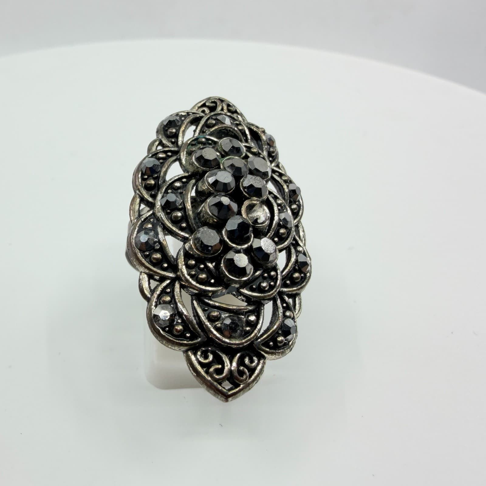 Vintage Silver Tone Black Rhinestone Statement Ring Marquise Shield Adjustable - Thumbnail 3