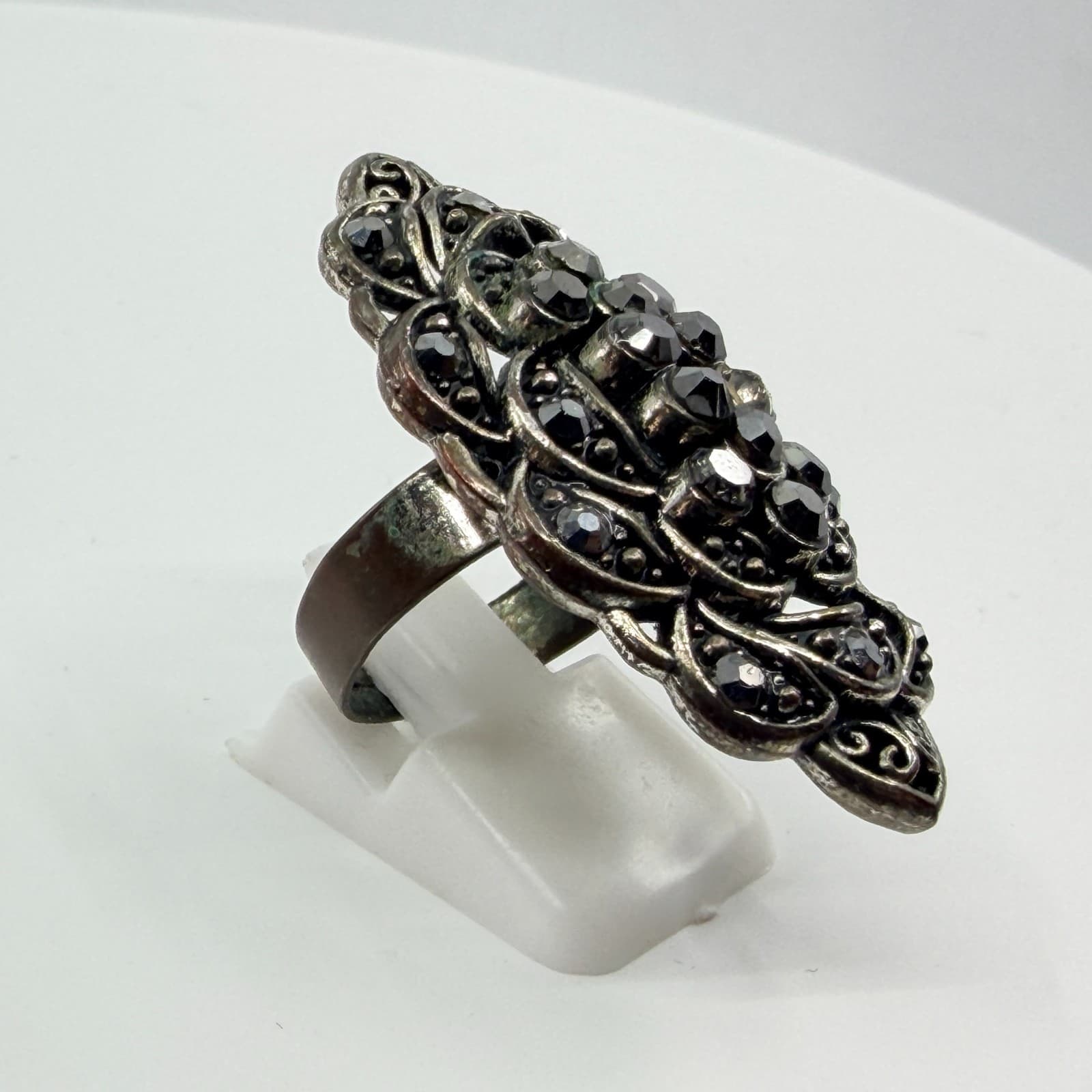 Vintage Silver Tone Black Rhinestone Statement Ring Marquise Shield Adjustable - Thumbnail 4