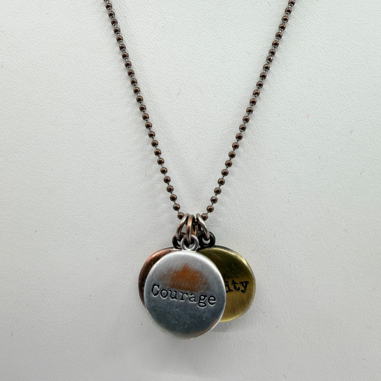 Vintage Mixed Metal Stamped Disc Necklace Courage Serenity Wisdom Retro Boho 90s - Thumbnail 4