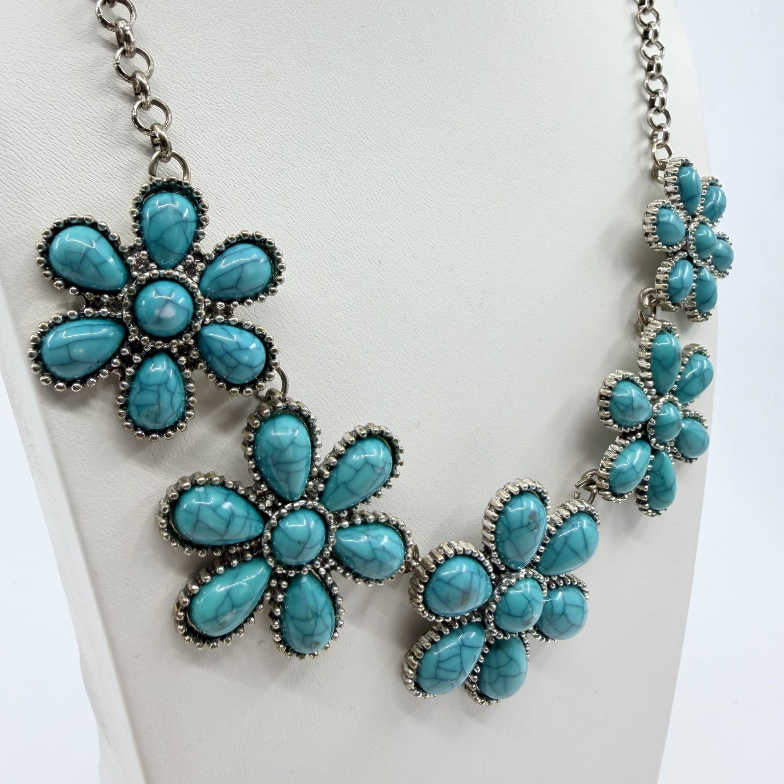 Vintage Faux Turquoise Matrix Flower Bib Statement Necklace Silver Tone Chunky - Thumbnail 4