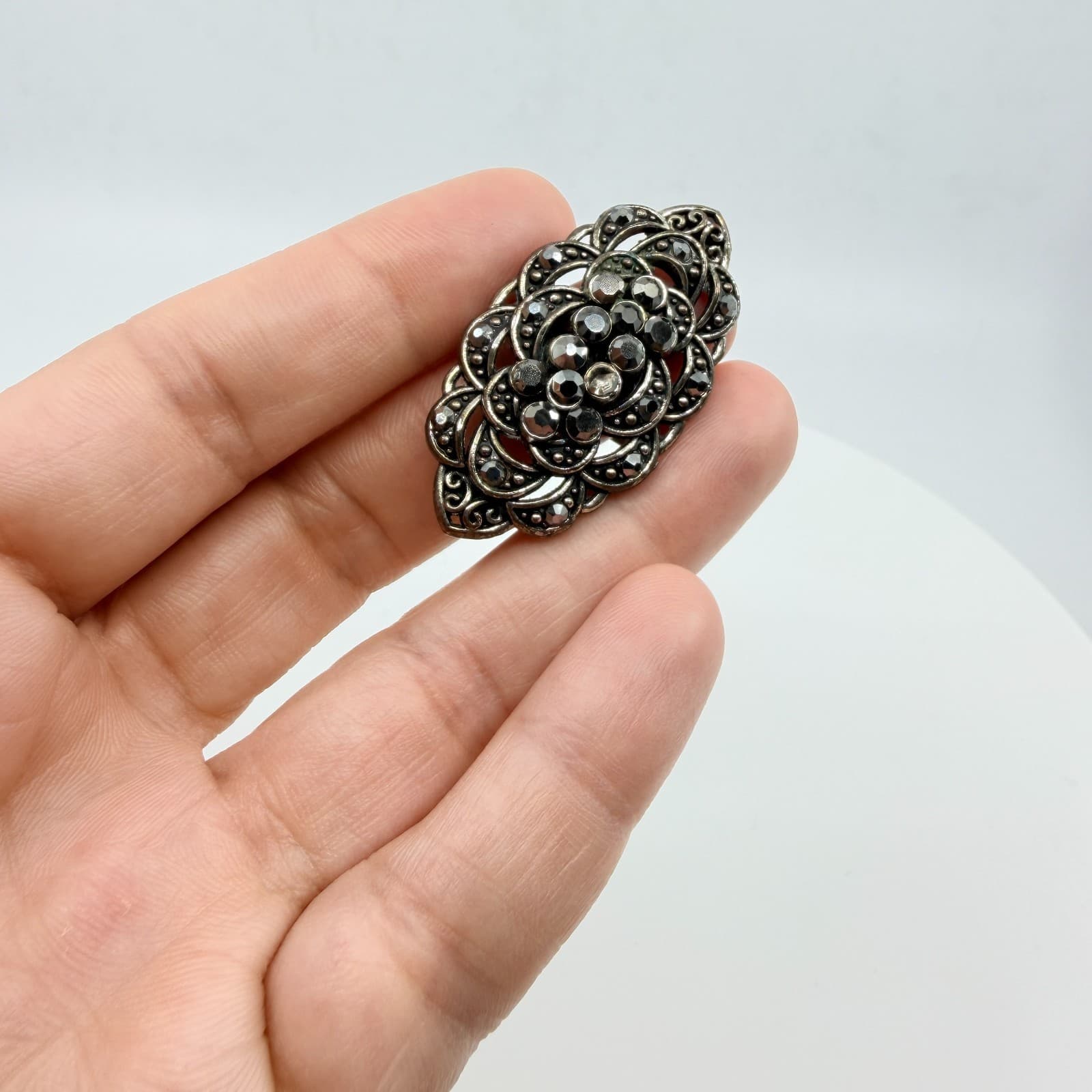 Vintage Silver Tone Black Rhinestone Statement Ring Marquise Shield Adjustable - Thumbnail 6